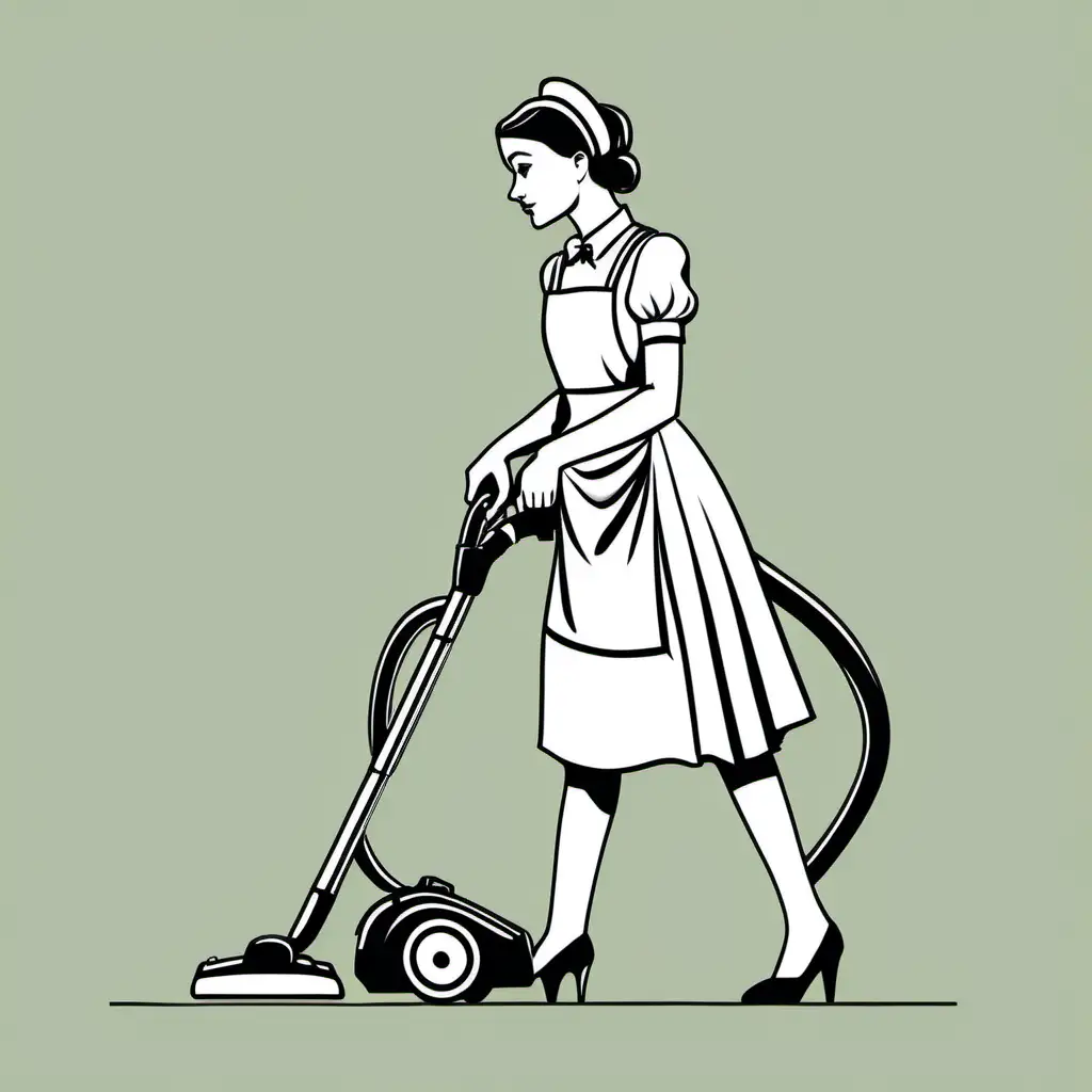 Young Maid Pushing Vacuum in Full Profile Vectorized Art