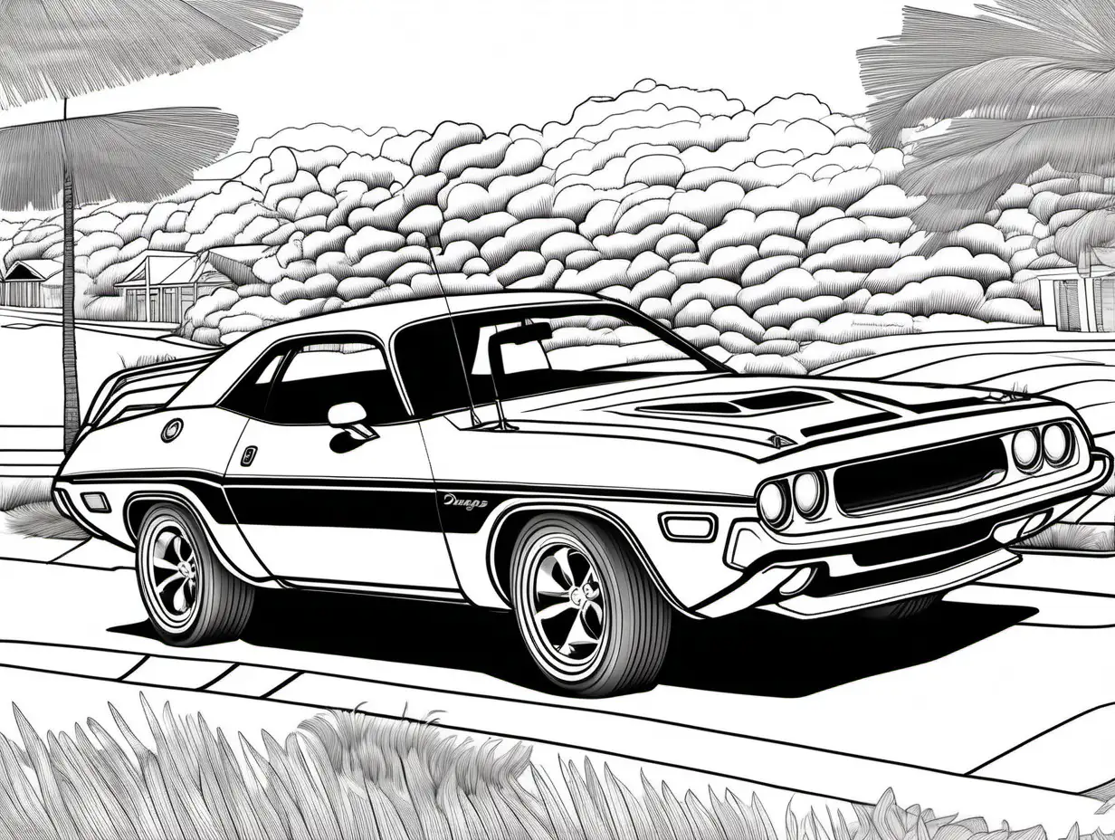 coloring page for adults, classic American automobile, 1974 Dodge Challenger, clean line art, high detail, no shade