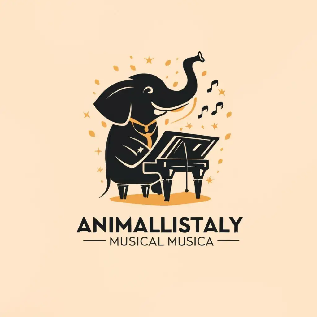 a logo design,with the text "Animalistically musical", main symbol:elephant classical pianist,Minimalistic,be used in Events industry,black background