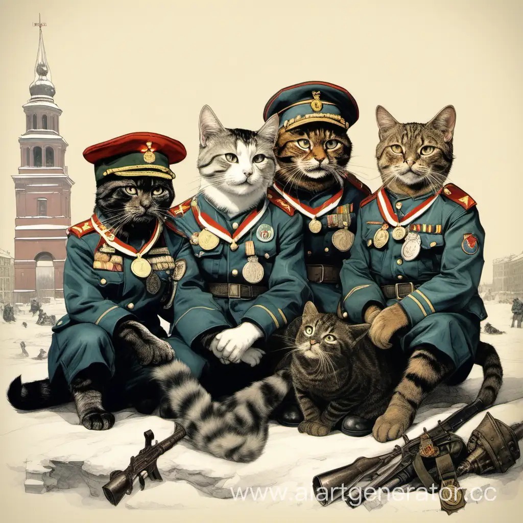 meowing platoon, cats in caps with medals, sitting, medals on their chests, looking to the side, drawing of the Siege of Leningrad, USSR