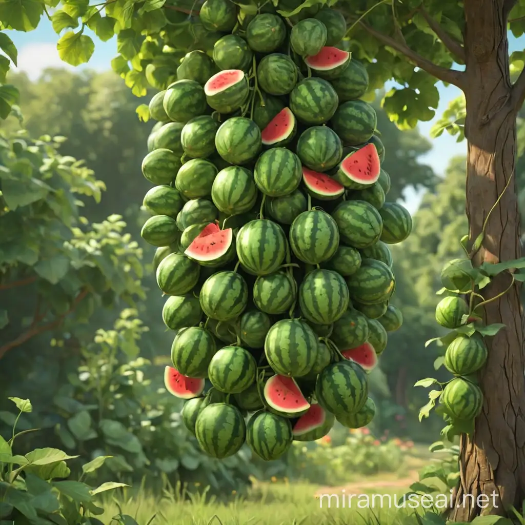 Watermelons Hanging from a Tree Luscious Fruit Abundance in a 3D Animated Scene