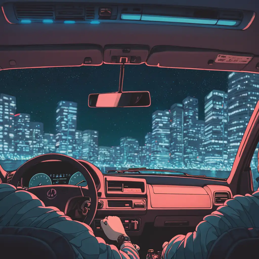 lofi chill, in a car at night