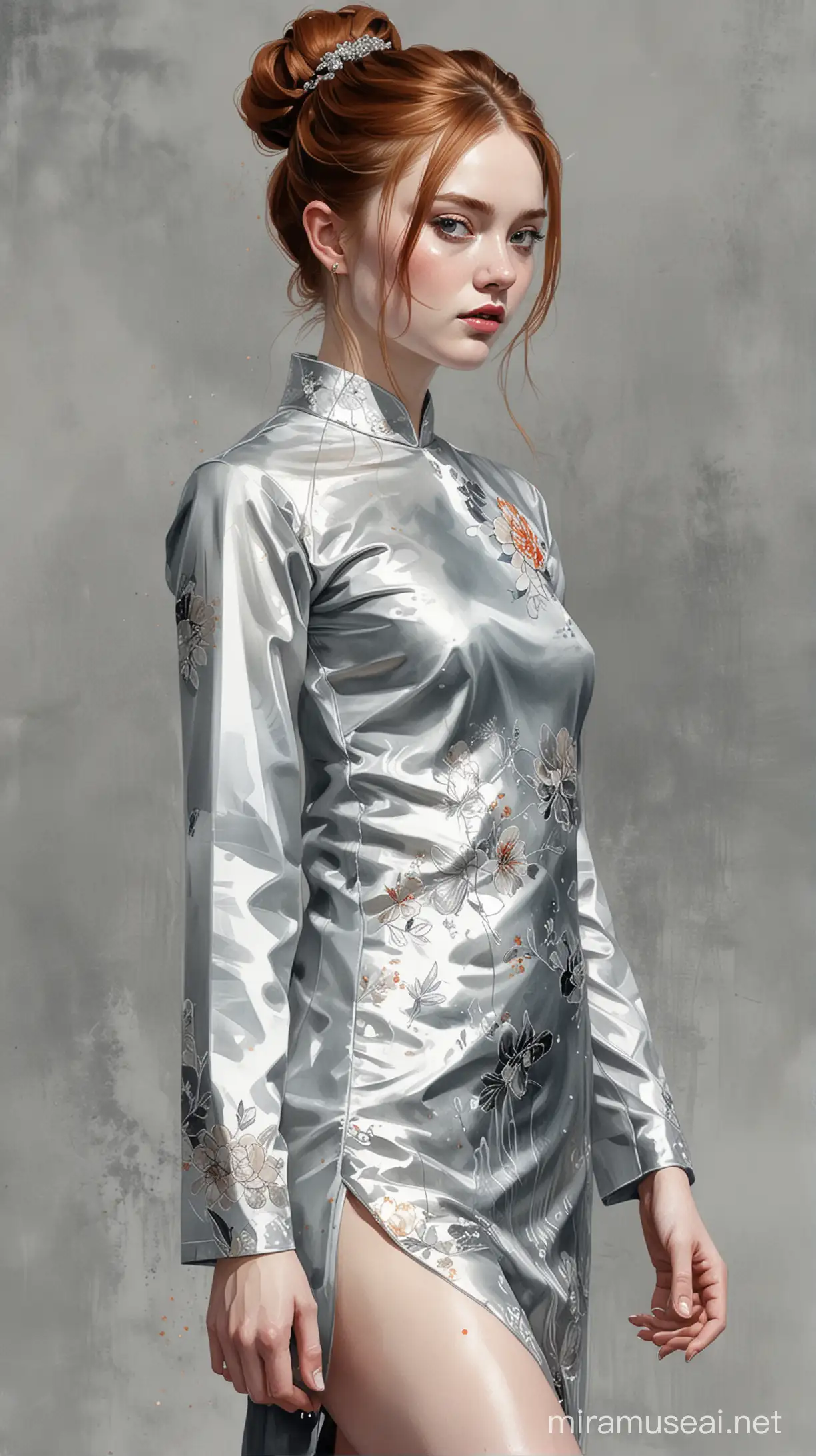 Alex Maleev illustration depicting Sadie Sink wearing silver qipao with leg slit, bun hair, watercolor, white background, no distortion, gray palette, insanely high detail, very high quality, seen from below
