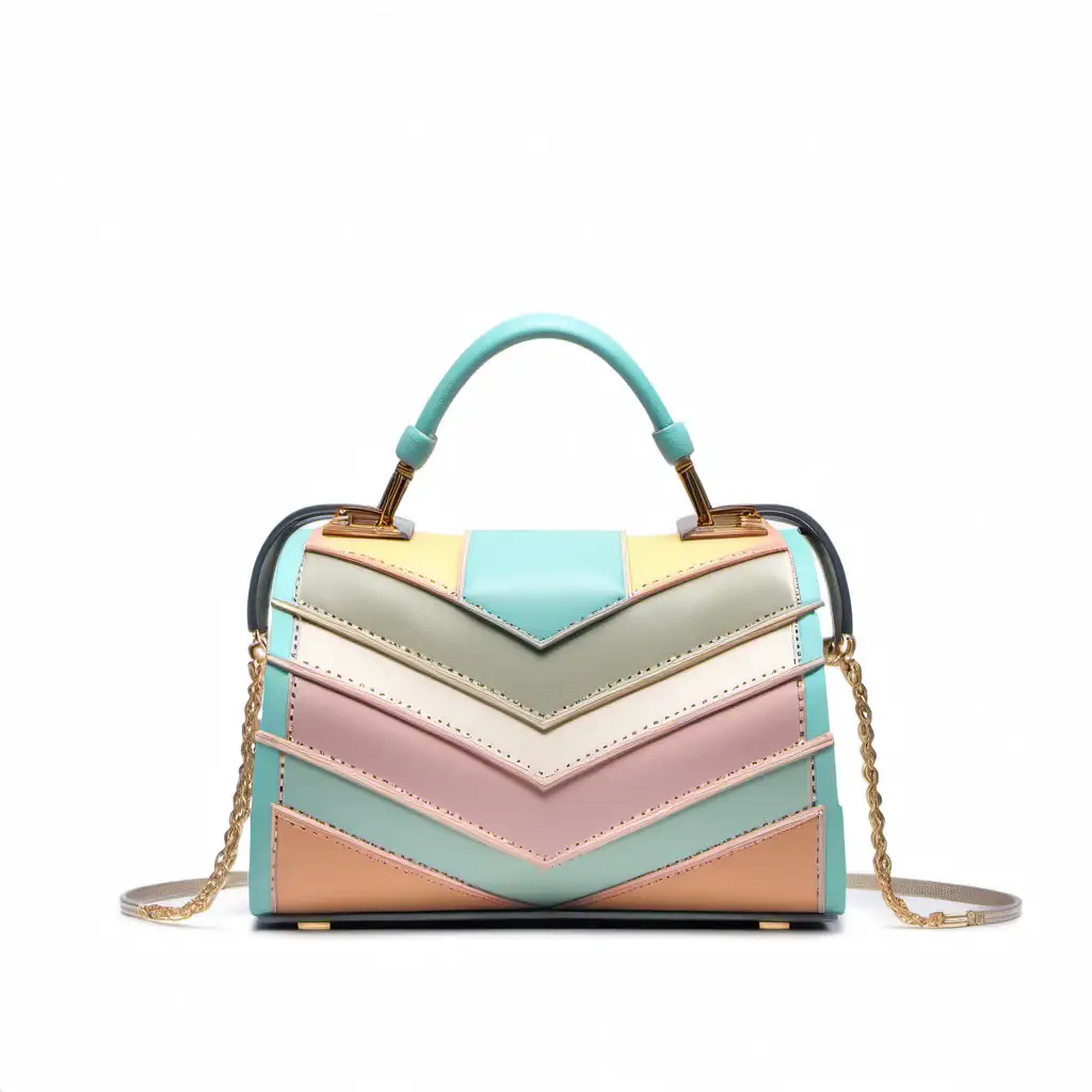 Mini luxury leather bag - frontal view - arabesque inserts color contrast with geometric design- pastel colors 