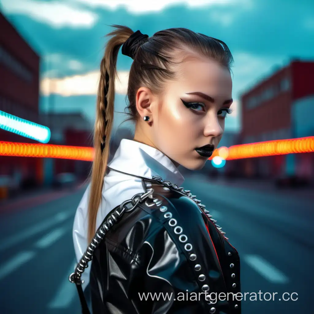A beautiful girl,
15 years,
Russian,
ponytail hairstyle,
black latex jacket,
white metal rivets, chain on the shoulder,
white T-shirt,
black latex collar,
stands straight
against the background of the neon city street.