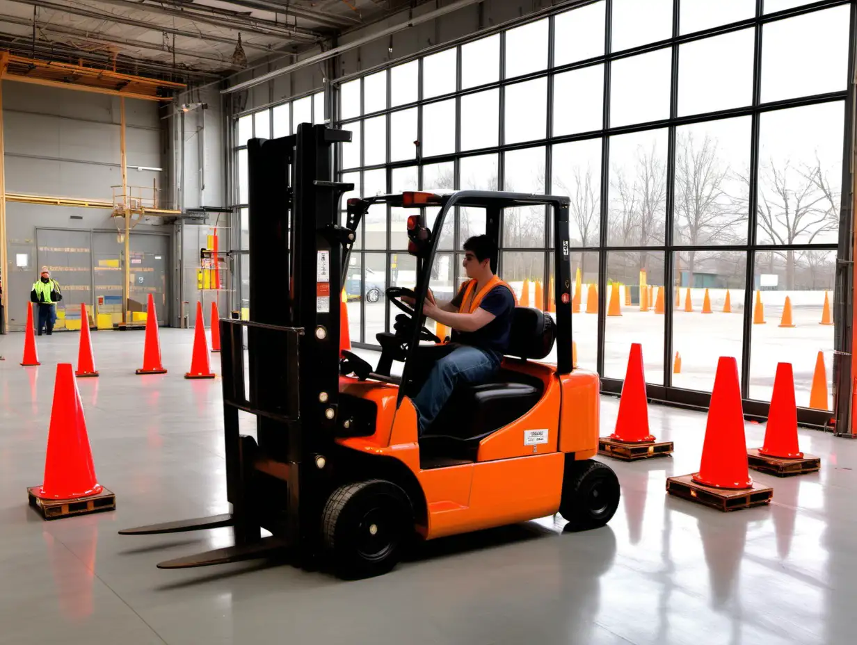 forklift students getting educated in driving around cones, big windows letting day light in, add some students watching