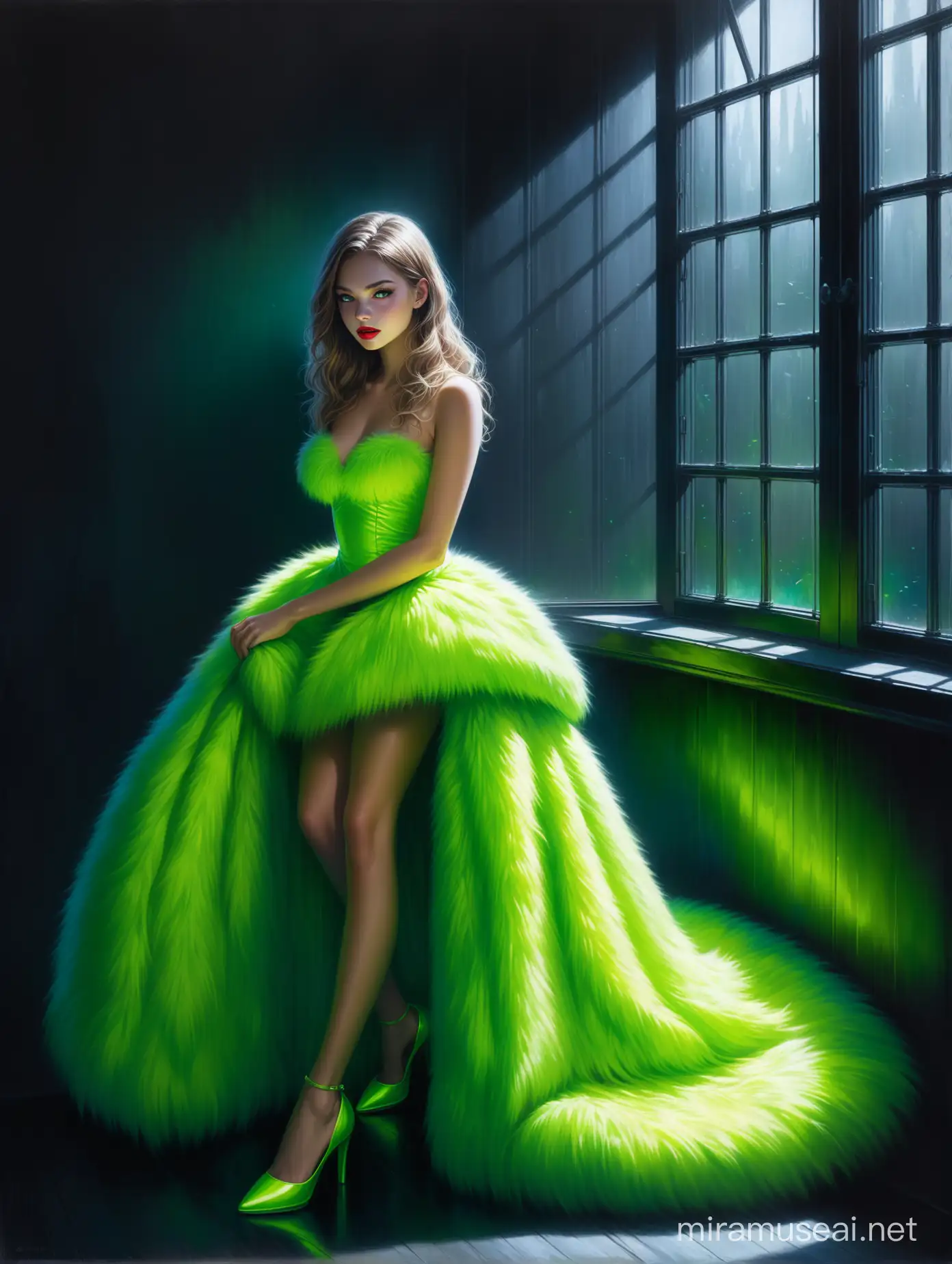 Aivision,digital art, oil painting, neon colors, full body of beautiful young women with dramatic expression, prety eyes , full red lips, she is wearing short fur dress like a princess in neon green color, she is wearing stunning heels. she looks out the window anxiously , dark environment and gloomy, image realistic, realistic facial features, Fairy Tail, Extremely detailed , intricate , beautiful , fantastic view , elegant , crispy quality Federico Bebber's expressive, amazing lighting 