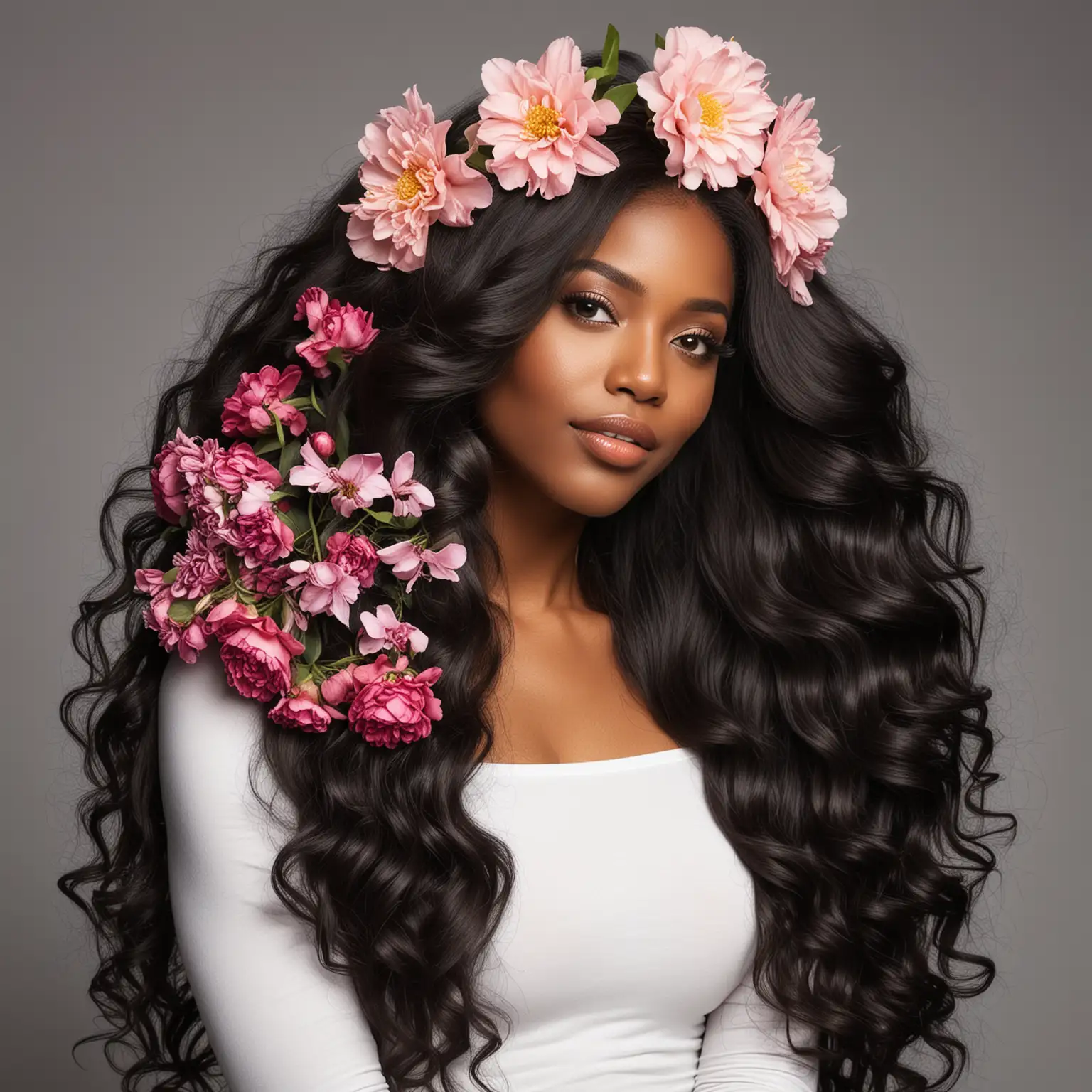 sexy black woman with gorgeous long hair and flower bundles