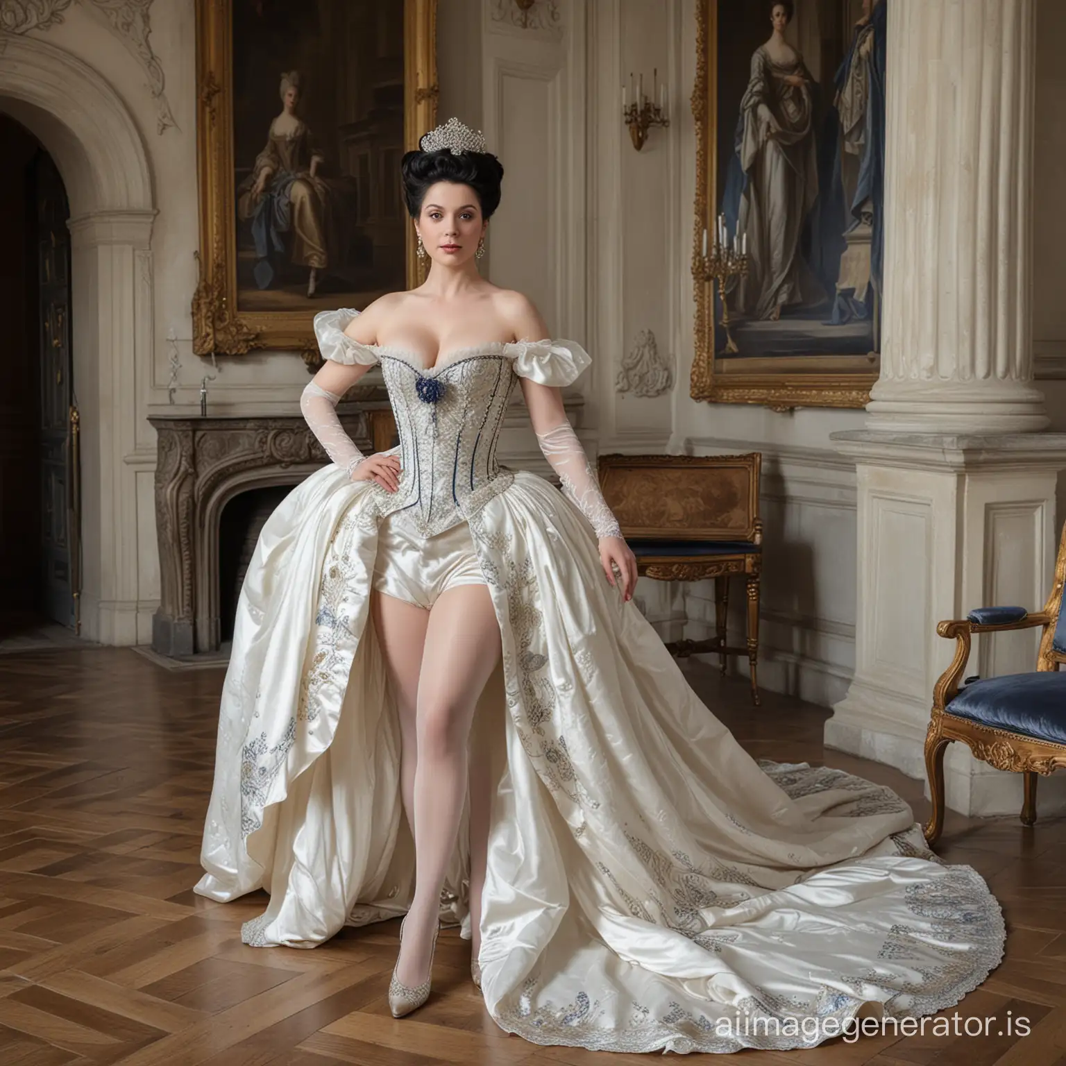a beautiful and voluptuous queen of France, in the style of Marie Antoinette, with black hair, she's wearing a glamorous navy White and gold, White transparent glamorous Stocking, regal gown, she is inside the castle