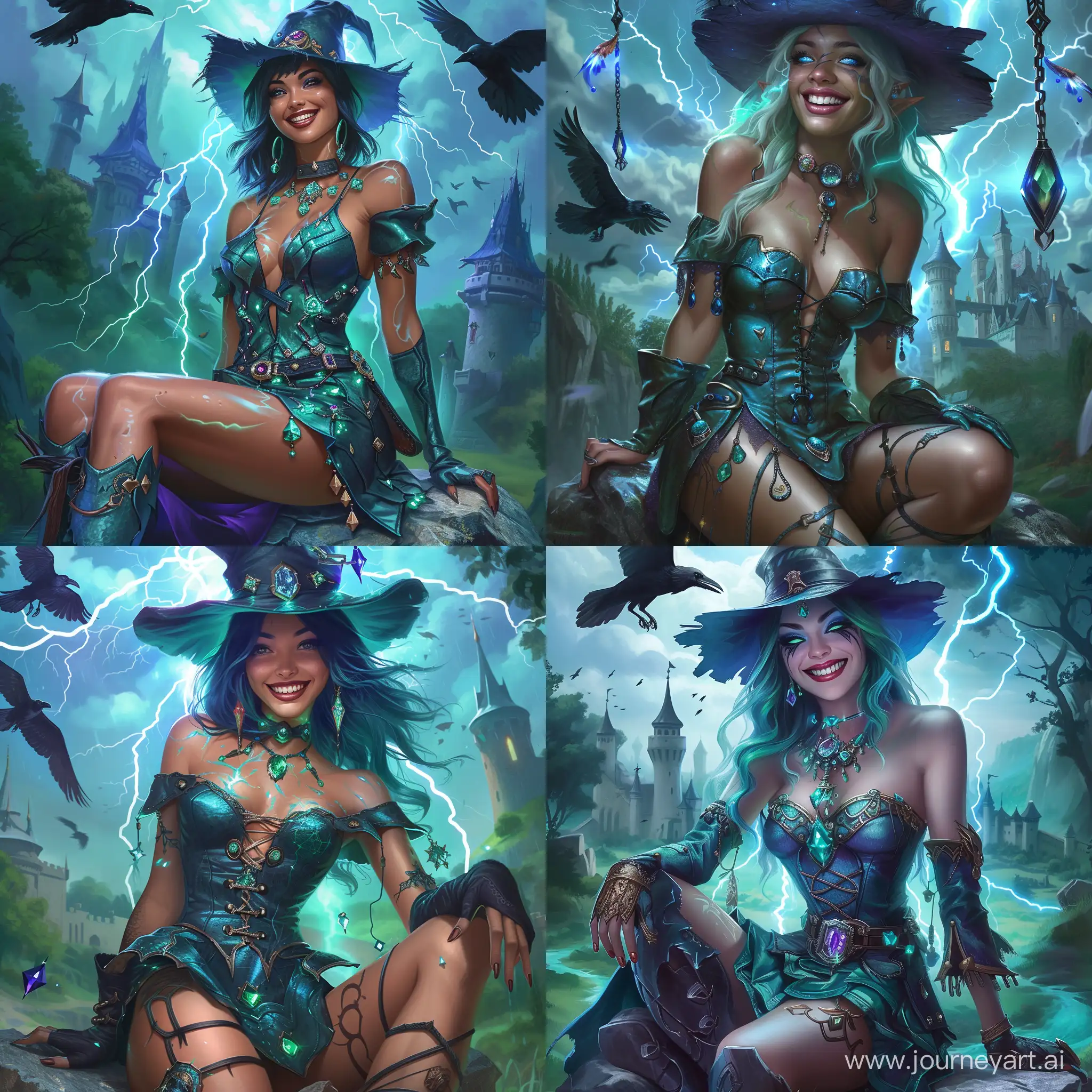 a beautiful and powerful mysterious sorceress, smile, sitting on a rock, lightning magic, hat,
 castle background, digital art, detailed leather clothing with gemstones, dress, elusive expression, 
vibrant blue and green colors, shiny smooth texture, eye level perspective, dramatic shadows, 
featuring a raven flying overhead, Splash art, League of Legends