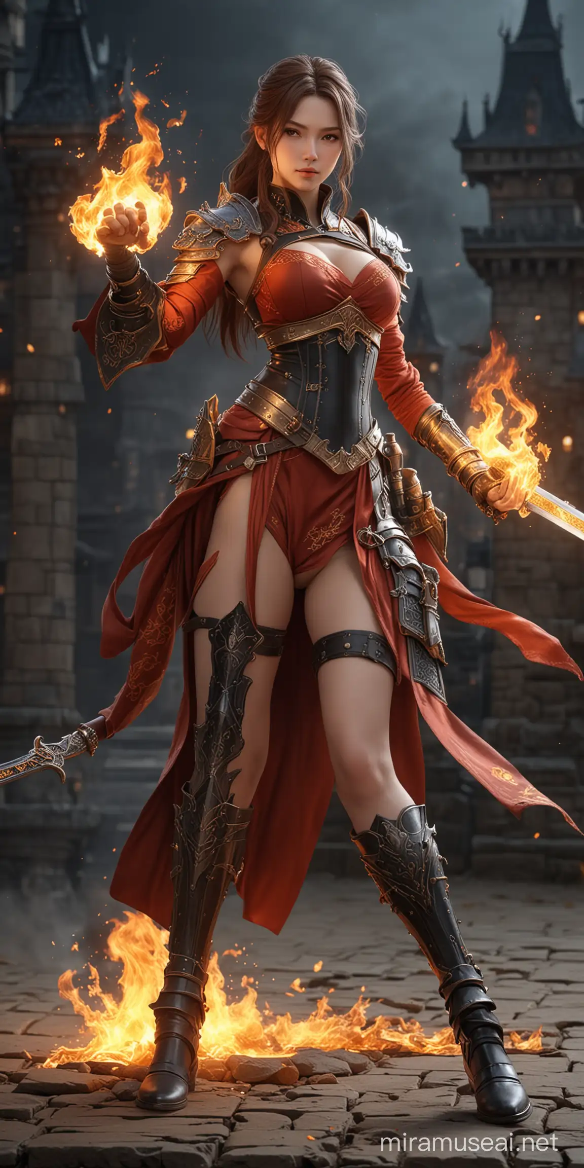 A very beautiful realistic idol girl fusion with fire element, class swordsman, background castle, foto studio yang sangat detail, focused fullbody
