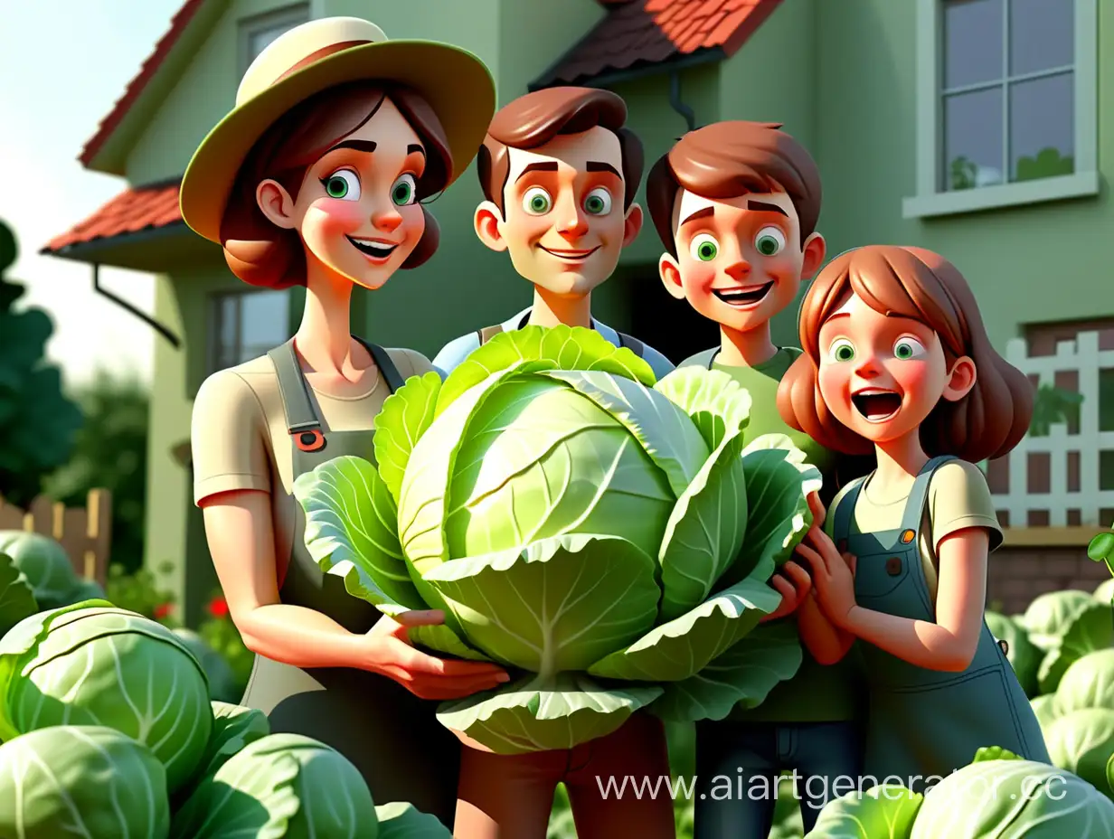счастливая и красивая семья (мама, папа, двое детей) вырастила у себя на огороде маленькую и гигантскую капусту. анимация