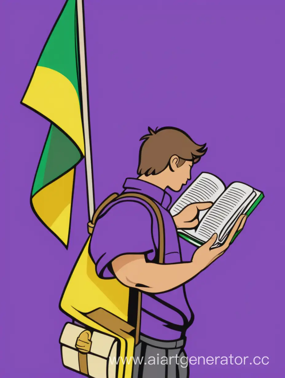 Хуманизация фиолетово-зелёно-желтого флага с книгой в руках