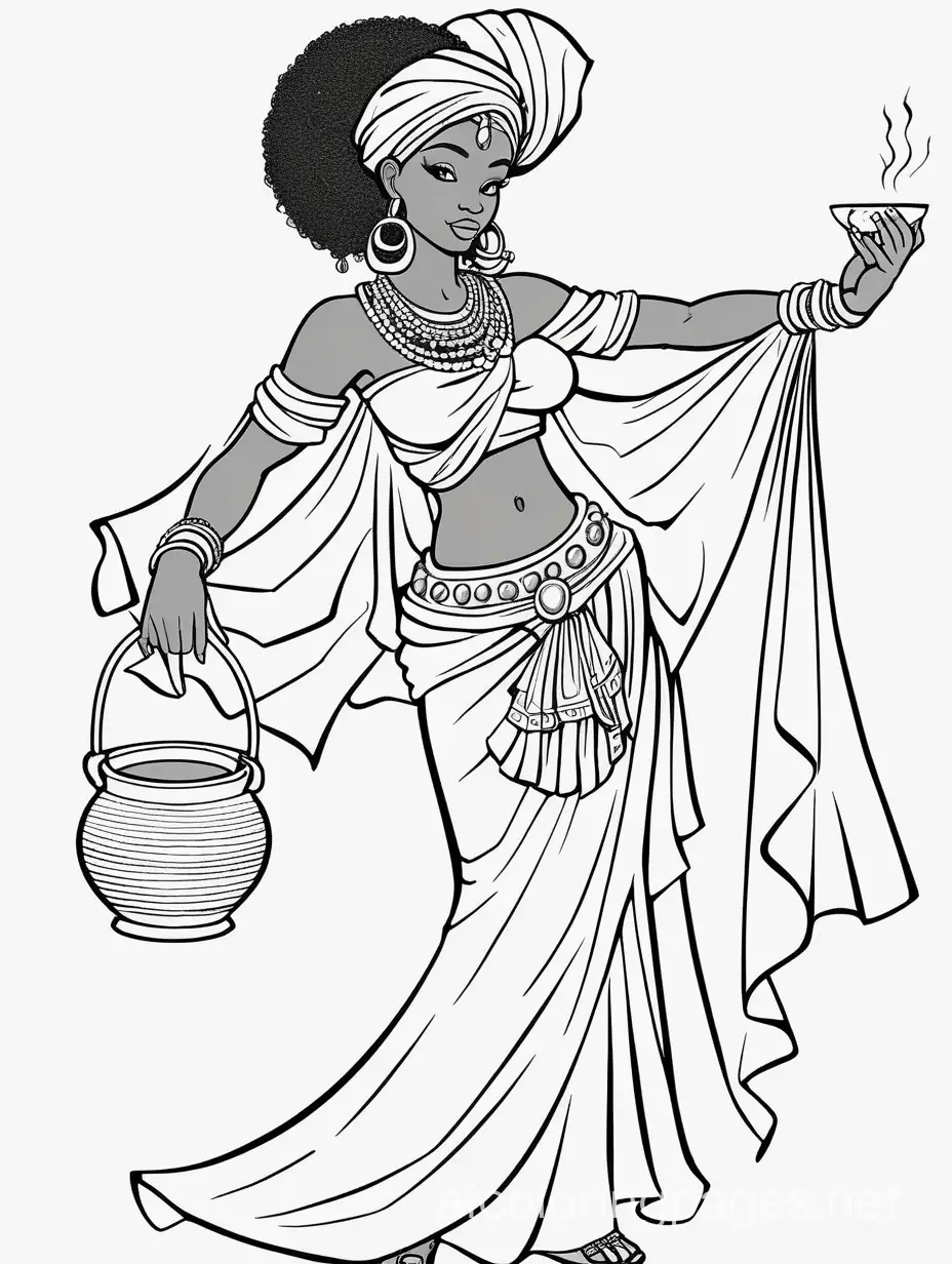 African Goddess Oshun is portrayed as a beautiful young woman that is playful, charming, and coquettish, and dressed and covered with beautiful clothes and jewels, carrying a pot of honey attached to her waist. , Coloring Page, black and white, line art, white background, Simplicity, Ample White Space. The background of the coloring page is plain white to make it easy for young children to color within the lines. The outlines of all the subjects are easy to distinguish, making it simple for kids to color without too much difficulty