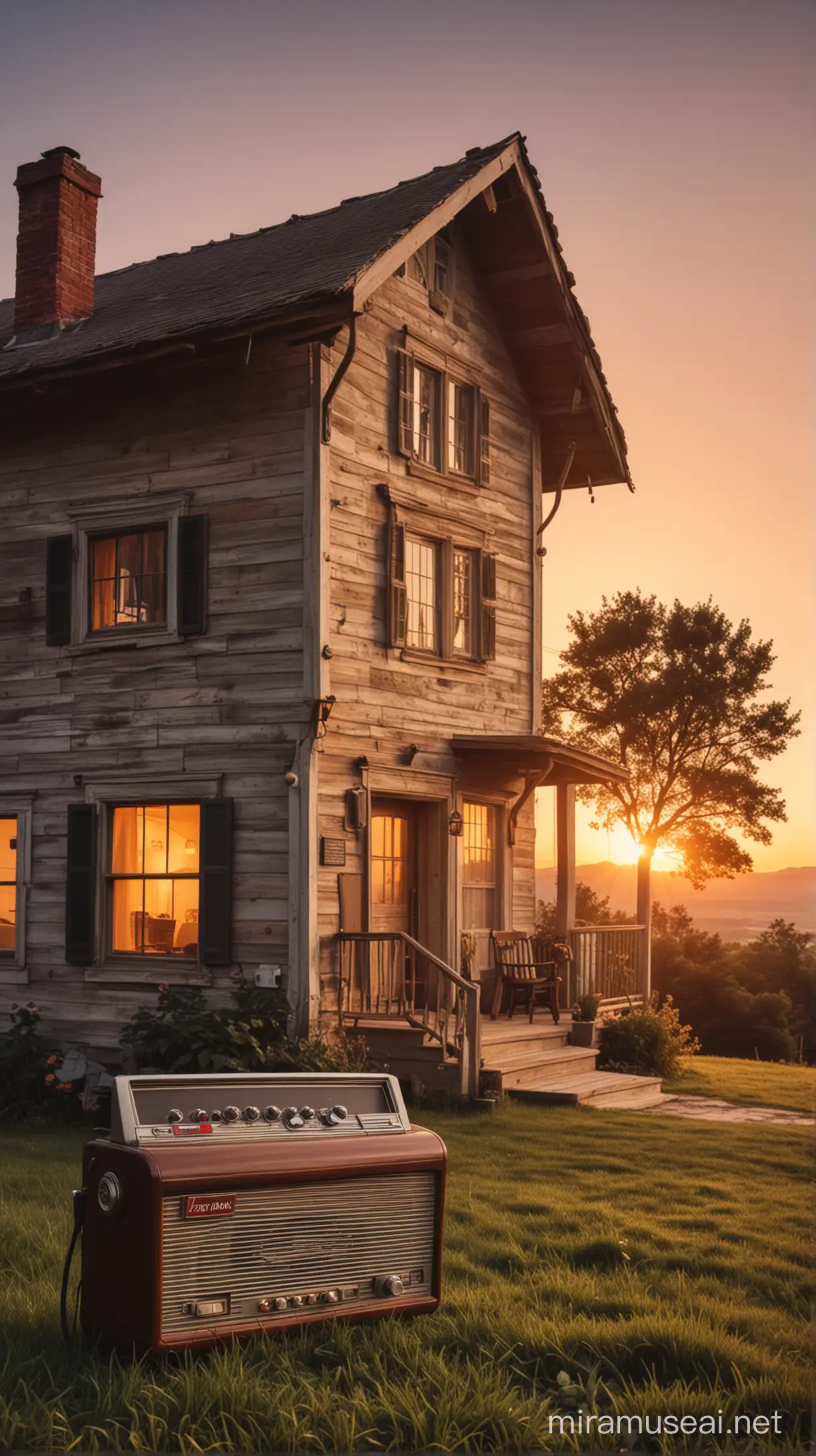 vintage house and with vintage radio with sunset hours