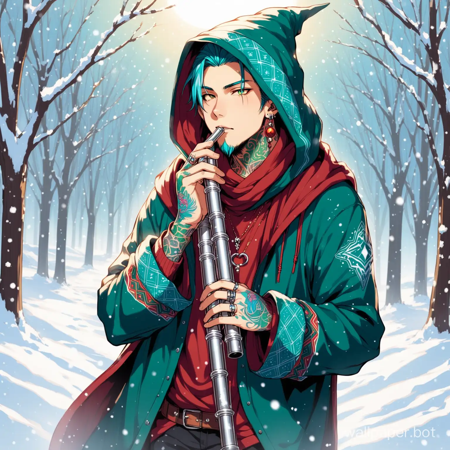 a wizard sing his  steel flute and have many tatto in his face and colurfol outfit  and unique earings and rings in his handsand the background is in the snow and cold eyes make it young and handsome and also the outfit hoodie jacket can u make it far
