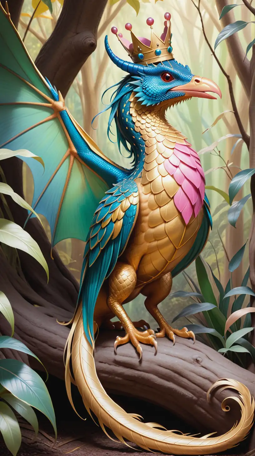 cross between a dragon and a bower bird pastels, gold. sweeping tail and crown feathers