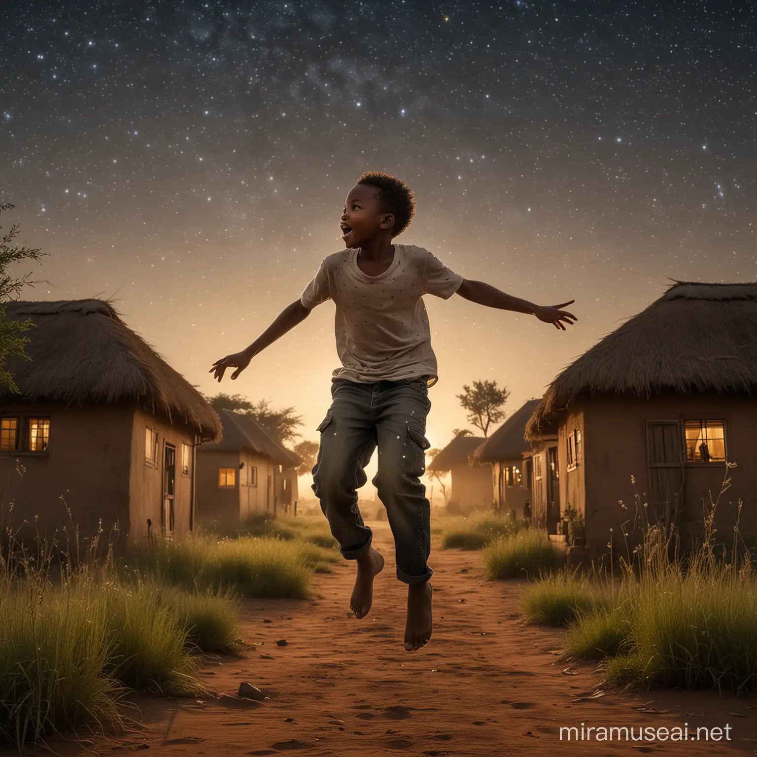 GIVE ME A PICTURE OF AN AFRICAN BOY WHO IS JUMPING AND HIS HEAD IS FACING BACKWARDS AND BEHIND HIM THE BACKGROUND OF AN AFRICAN VILLAGE THAT HAS A LOT OF GRASS, AND AROUND THE BOY ARE TWINKLING STARS, GIVE ME THIS PICTURE WITH HIGH RESOLUTION AND HIGH EXPOSURE AND REALISTIC