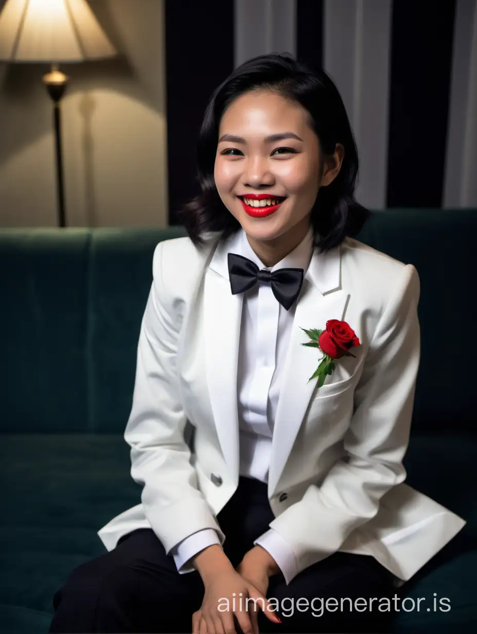 In a darkened room.  A smiling and laughing Vietnamese woman with shoulder length hair and red lipstick is sitting on a couch. She is wearing a white dinner jacket over a white shirt with French cuffs and black cufflinks.  Her bow tie is black.  Her corsage is a red rose.  Her pants are black.