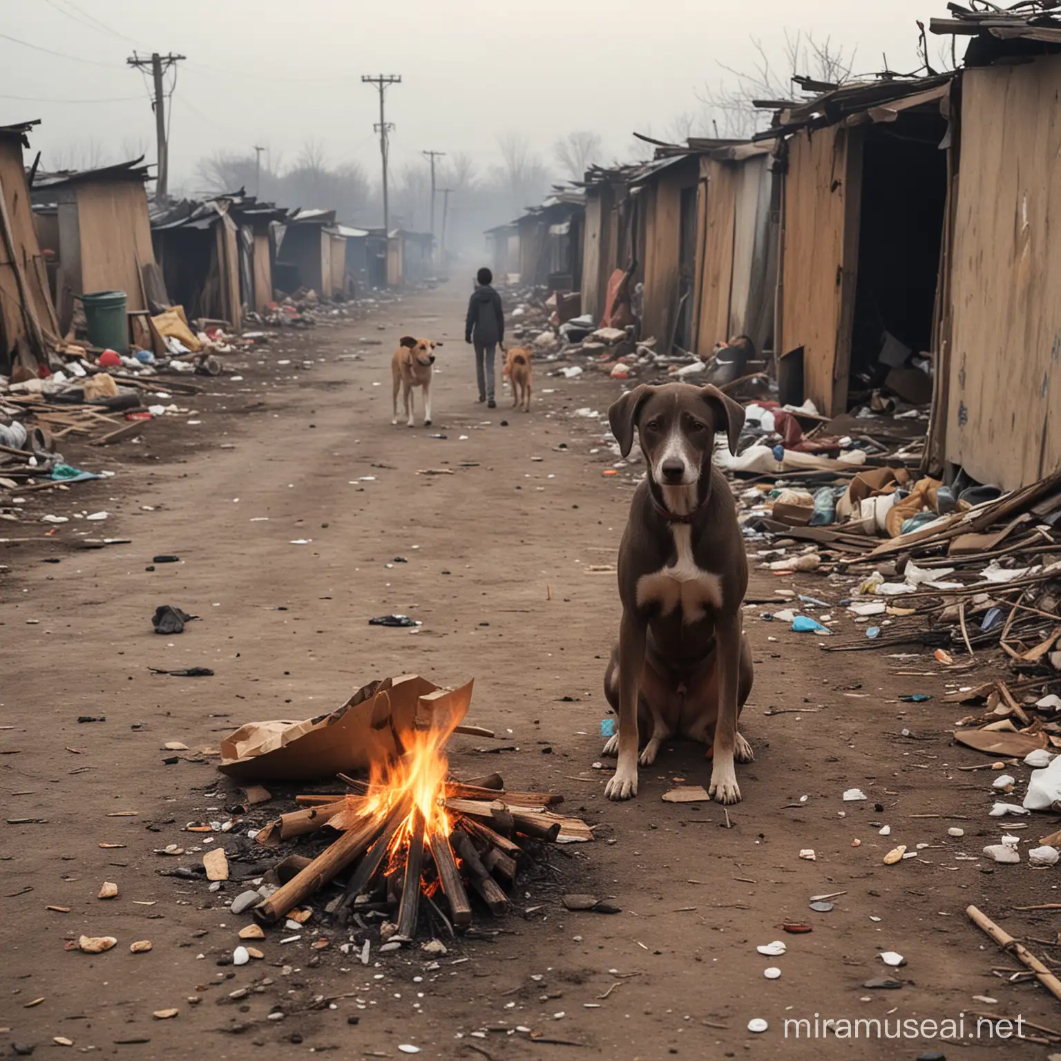 Impoverished Children Gathered around a Bonfire in a Sad Neighborhood