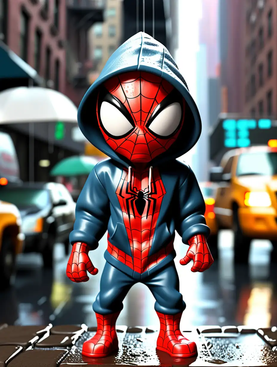 cute small hero like Spiderman in rain in New York City. he wear a hoody and look down