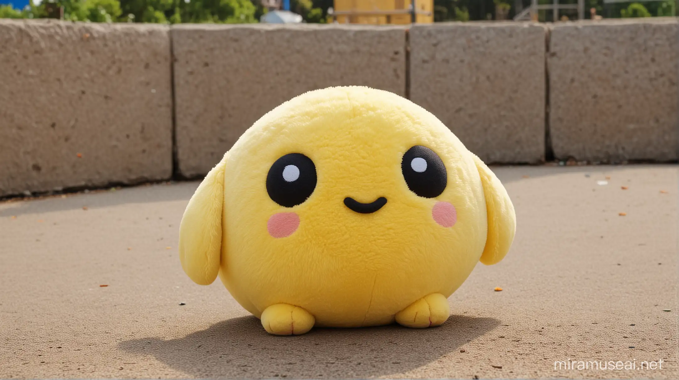 make 3D, yellow stuffed toy the shape of mochi, no mouth, simple black circles for eyes, background is a playground