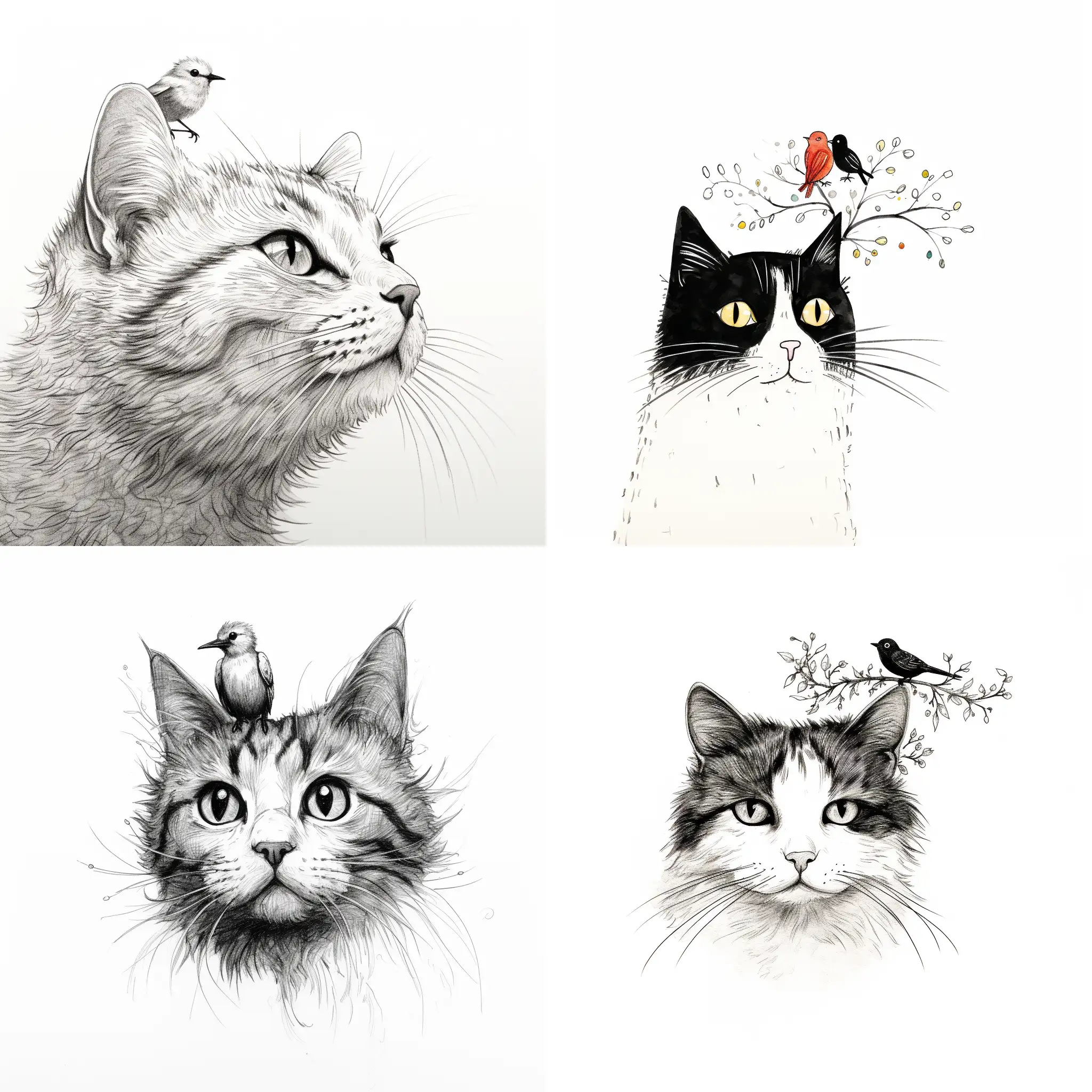 Joyful-Cat-Balancing-a-Bird-Minimalistic-Drawings-in-Mori-Kei-Style