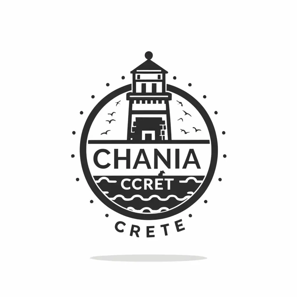 logo, Logo in black and white of lighthouse with a long wall in a harbor, with the text ""Chania, Crete"", typography, be used in Retail industry