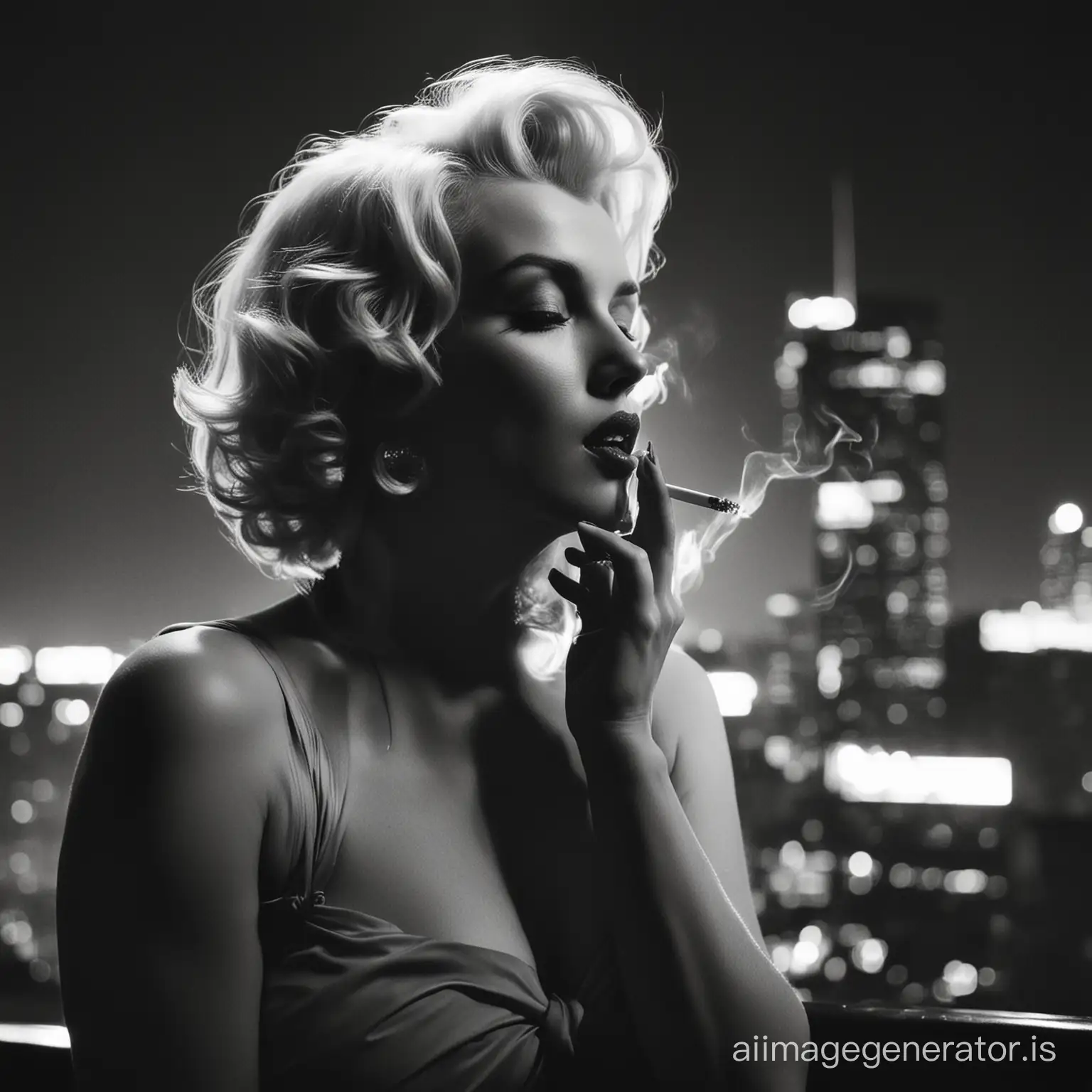 An image of Marilyn smoking against a backdrop of city lights at night, evoking a sense of urban noir and capturing the allure of both the city and the celebrity.