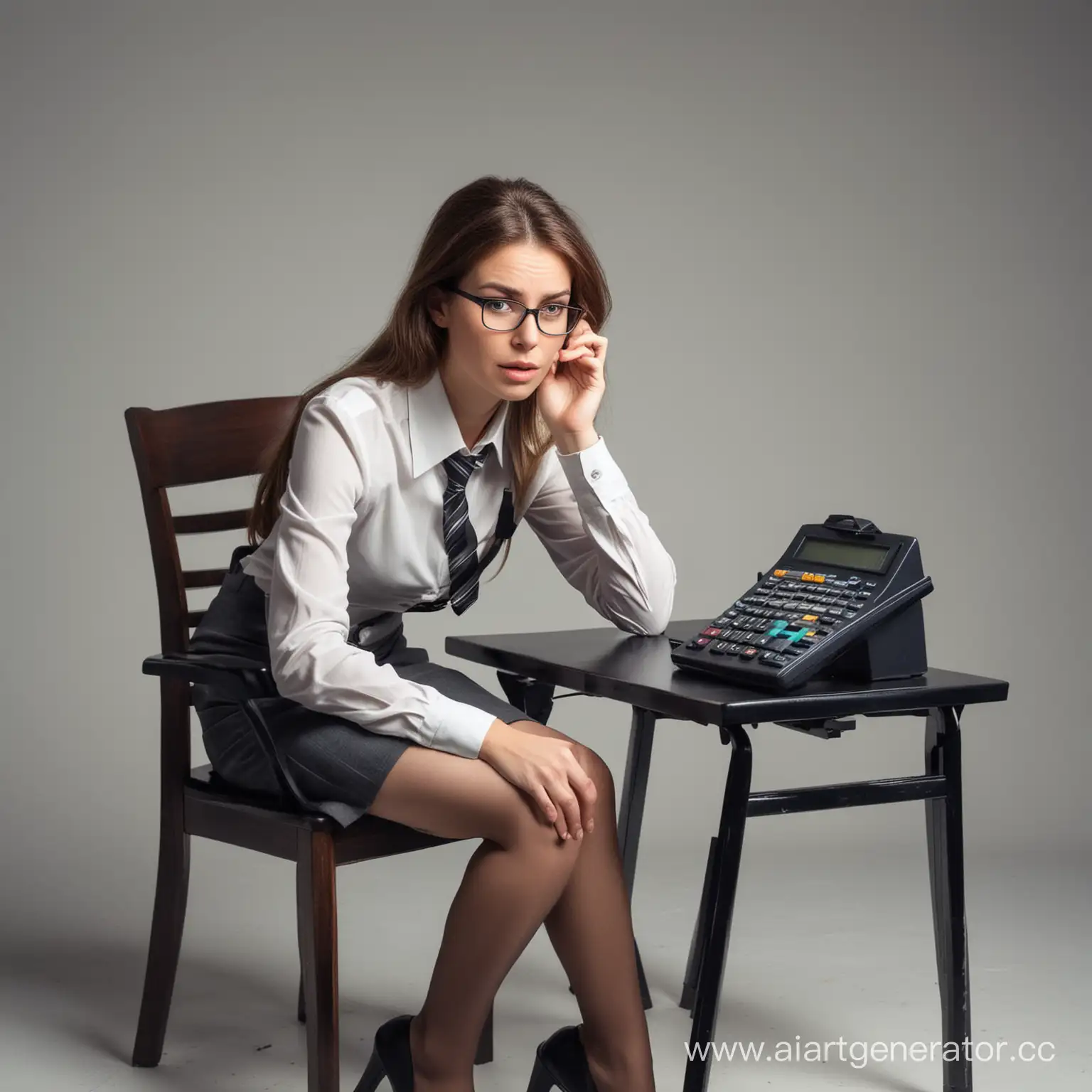 Accountant-Woman-Trapped-in-Chair-with-Calculator-Seeking-Escape