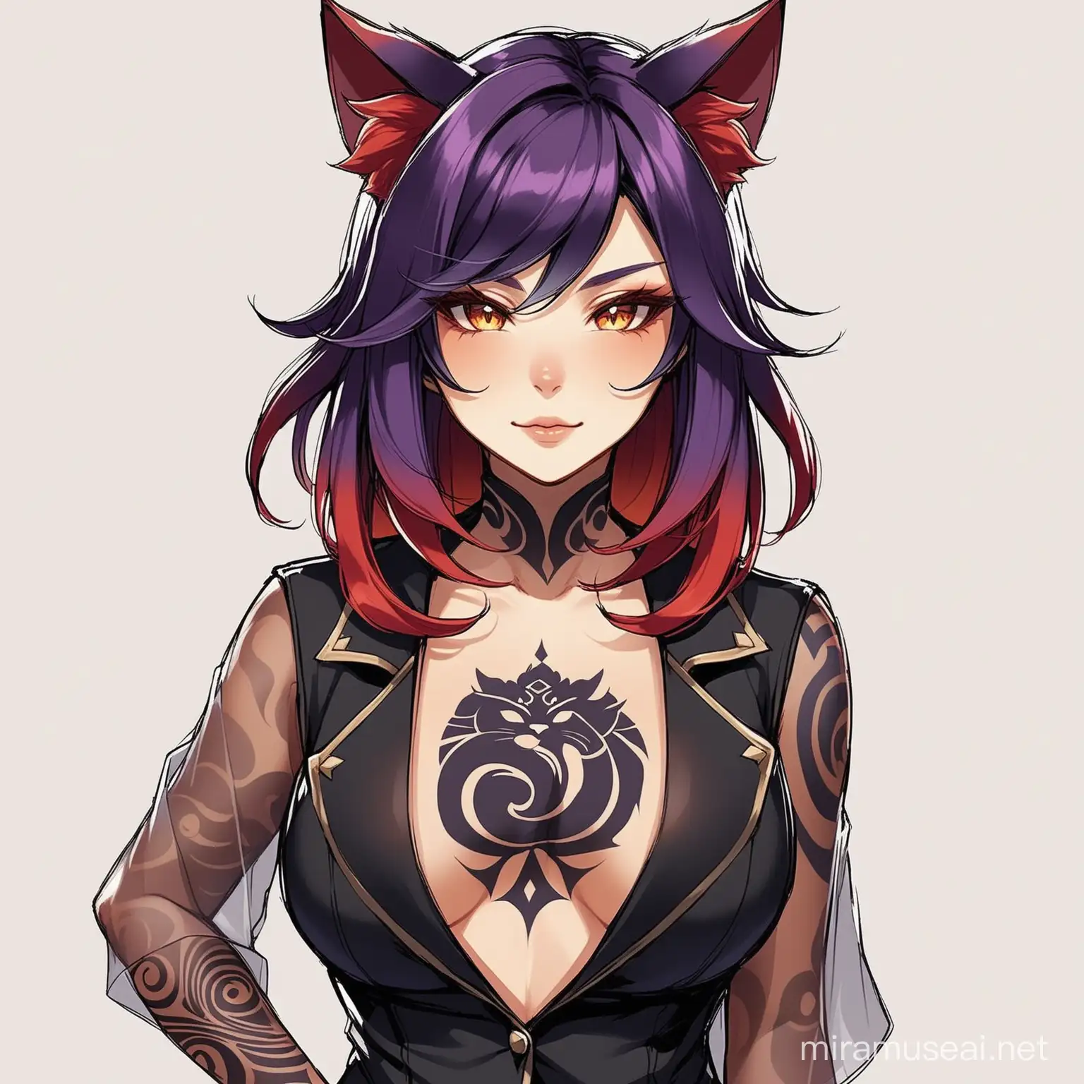 draw a character you'd see in genshin impact with red cat ears, long red and purple hair, mature, open black jacket, see through shirt, black swirl tattoos on skin