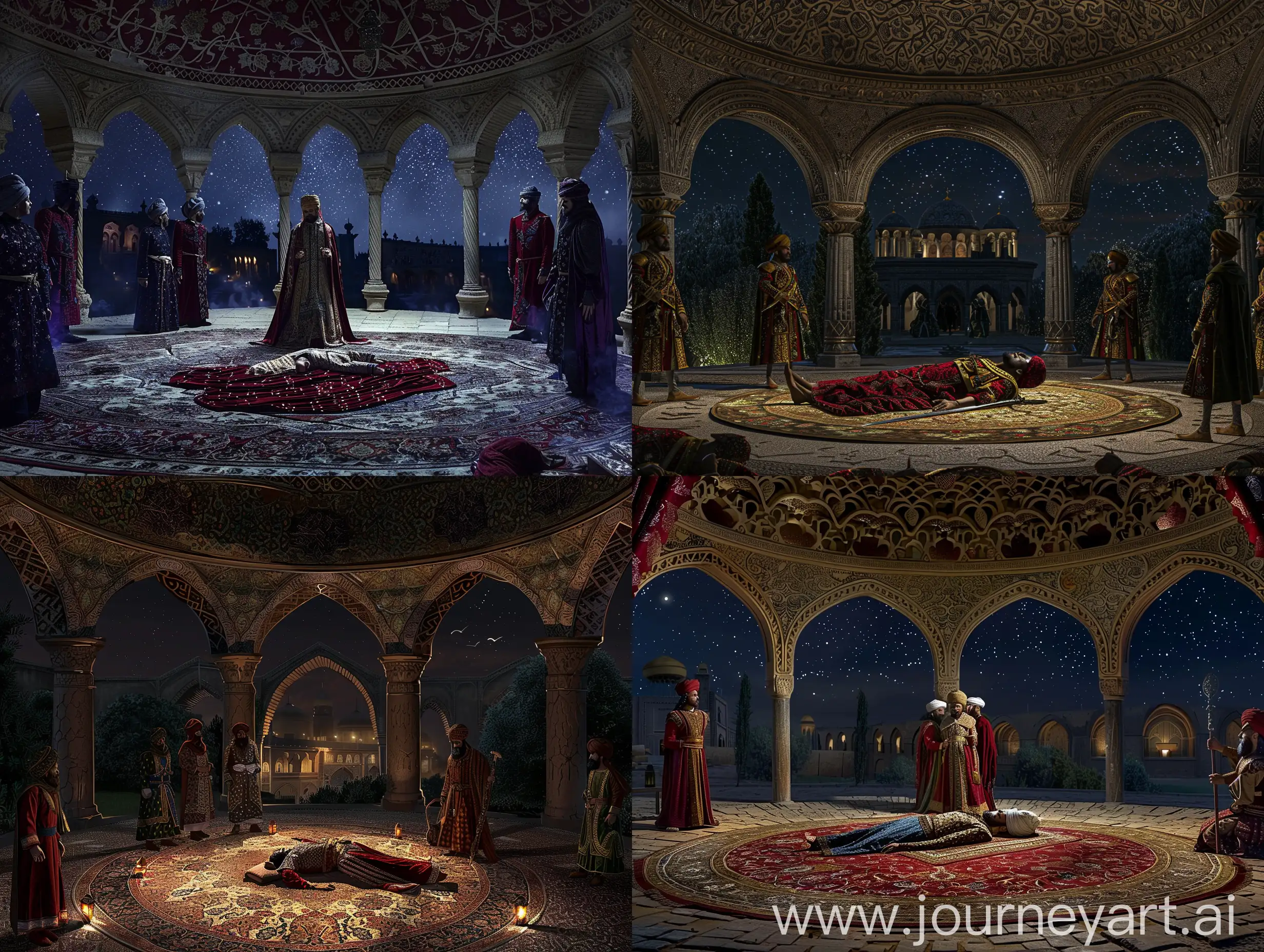 inside of a round isolated hall covered with muqarnas ceiling, a dead prince lying on the persian carpet surrounded by ottoman guards in janissary dress, Persian arches in the background, night view outside the arches 