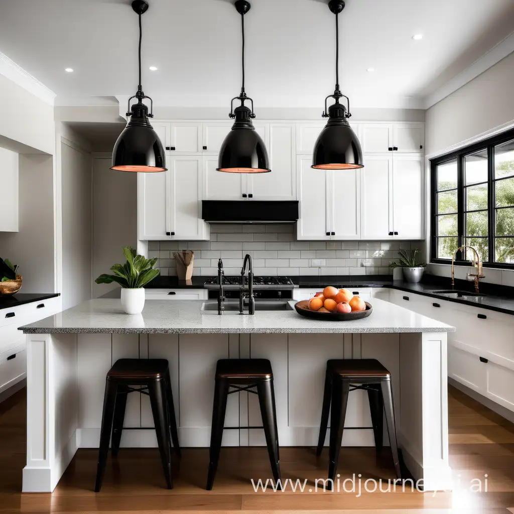 Modern Kitchen with Shaker Style Cabinets and Black Pendant Lights