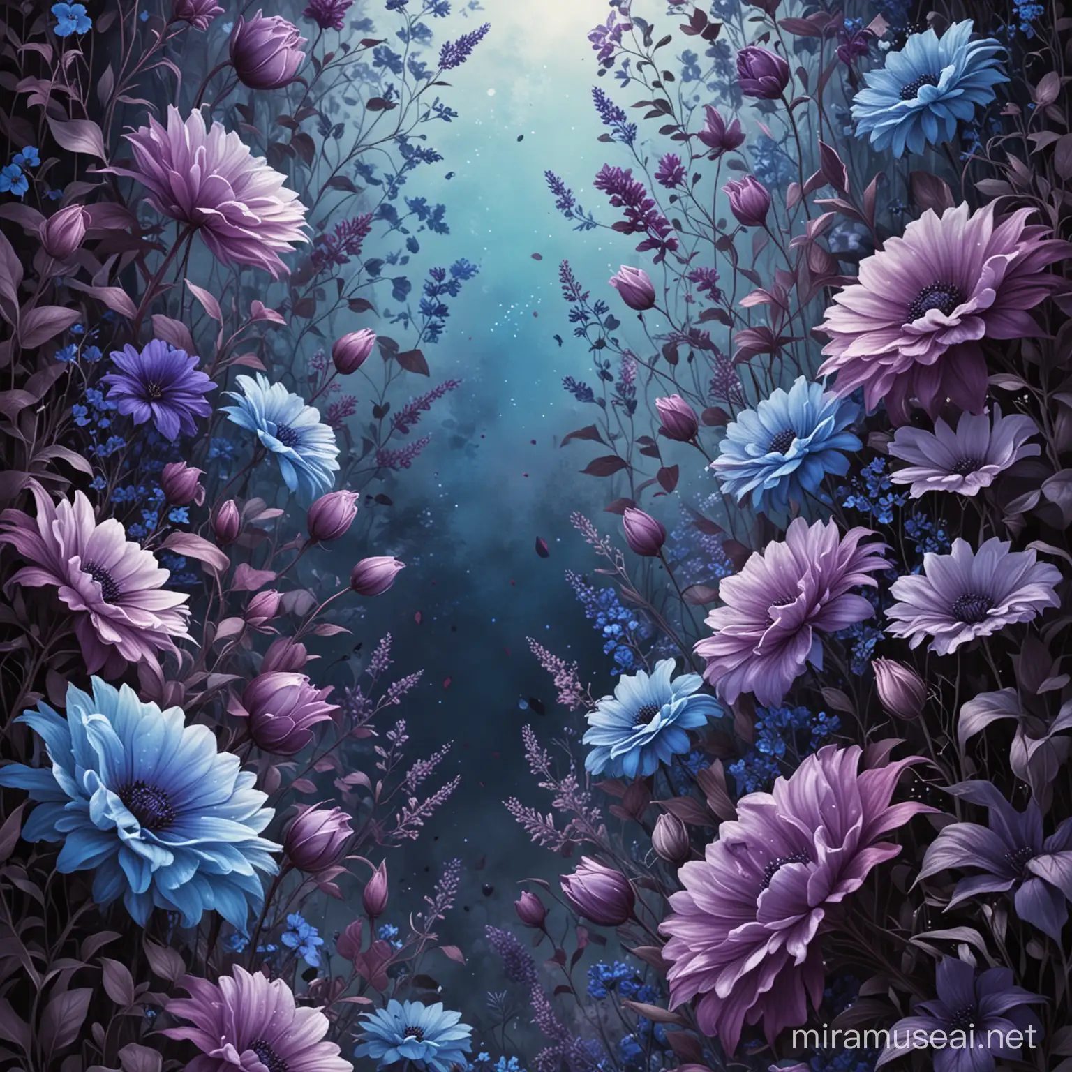 A cover for a romance book with purple and blue dark flowers