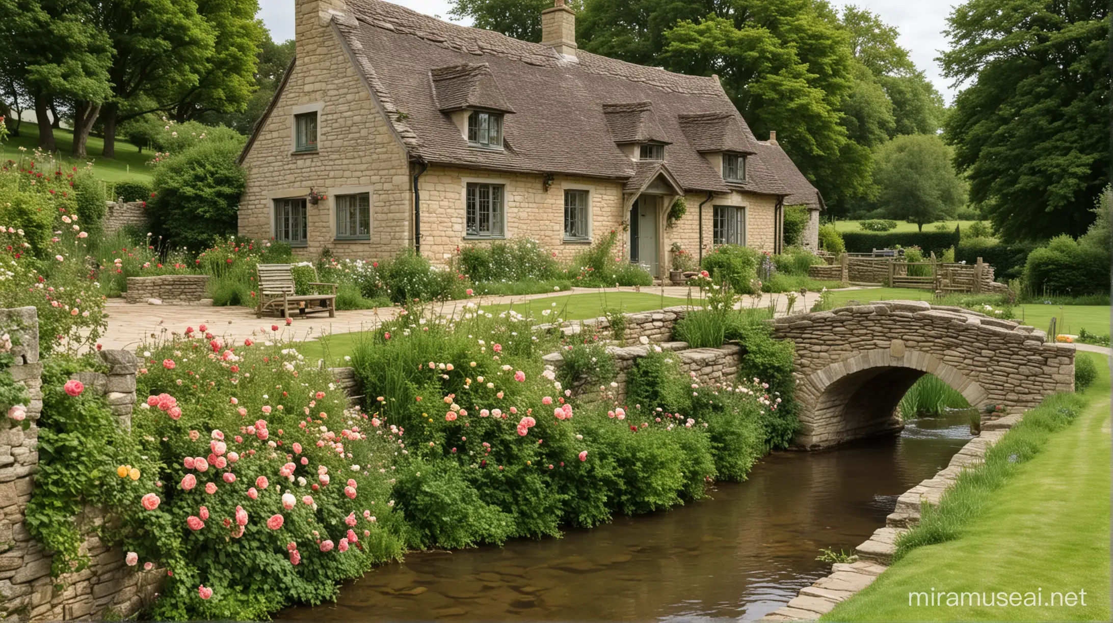 cotswold English cottage with a path and stone bridge with a stream and roses in the foreground