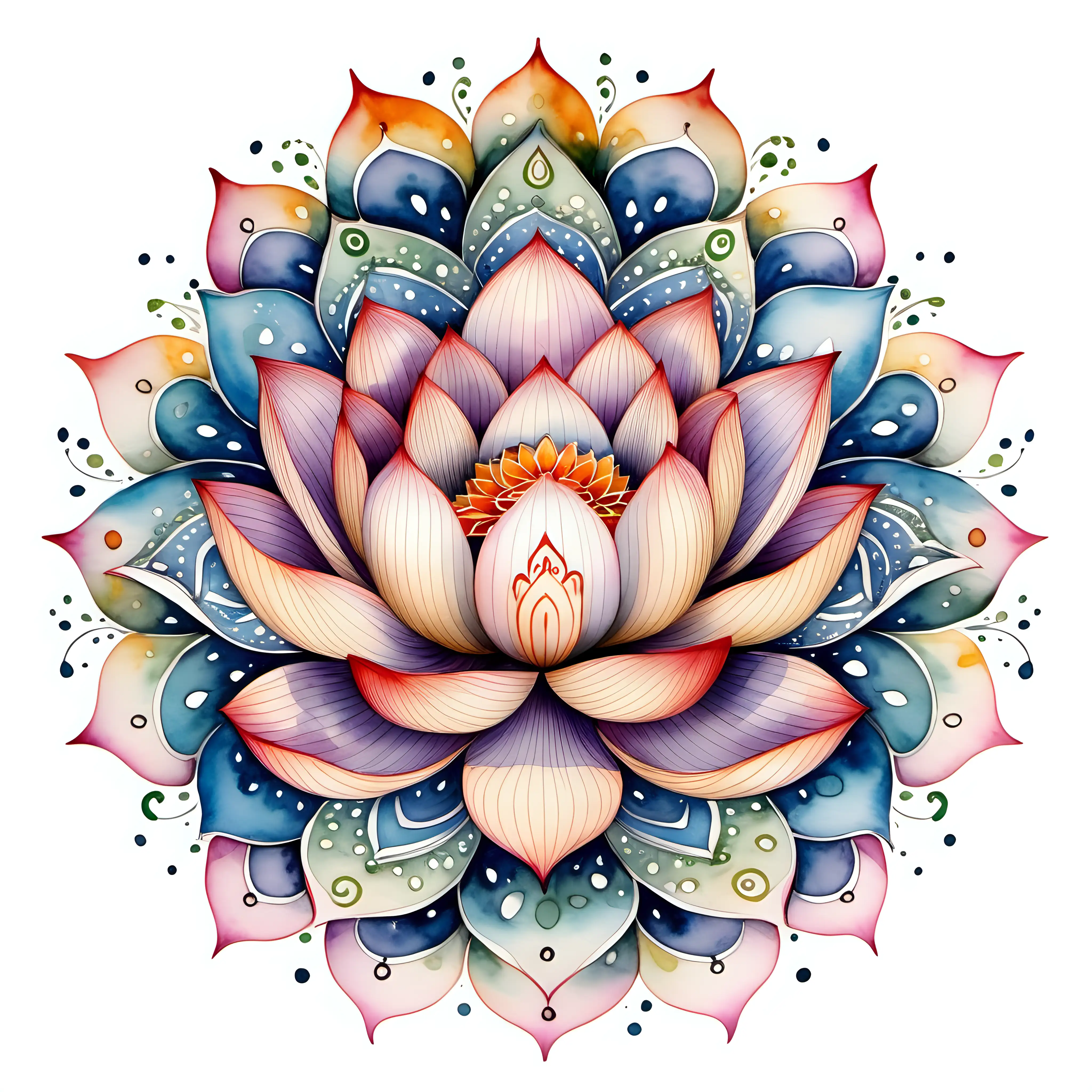 Fantasy Lotus Mandala Vibrant Watercolor Illustration on White Background