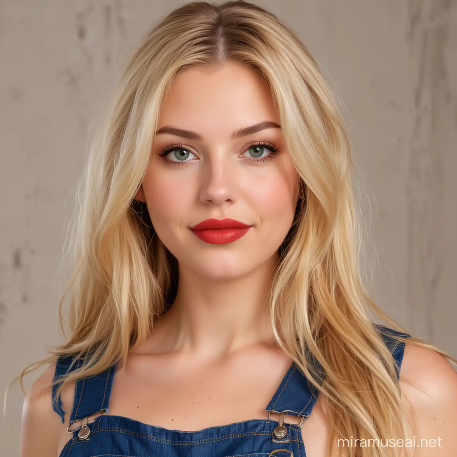 Lucy is a nice blonde female student, mid twenties, long blond hair, attractive face, green eyes, full red lips, marked cheekbones. five feet six inches tall, full young bosom. Measurement 38-24-36. She is stark naked under her blue overalls. 