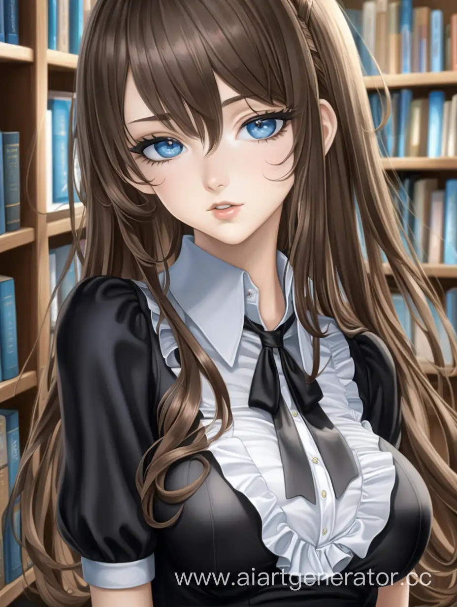 Alluring-Anime-Girl-in-Elegant-Black-Dress-with-Bookshelf-Background