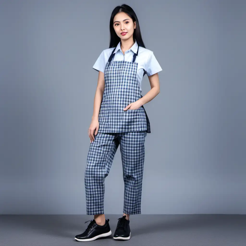 woman wearing blue checkered apron and trousers, worker factory uniform, casual trousers, doctor coat, gray tshirt, black sneakers,