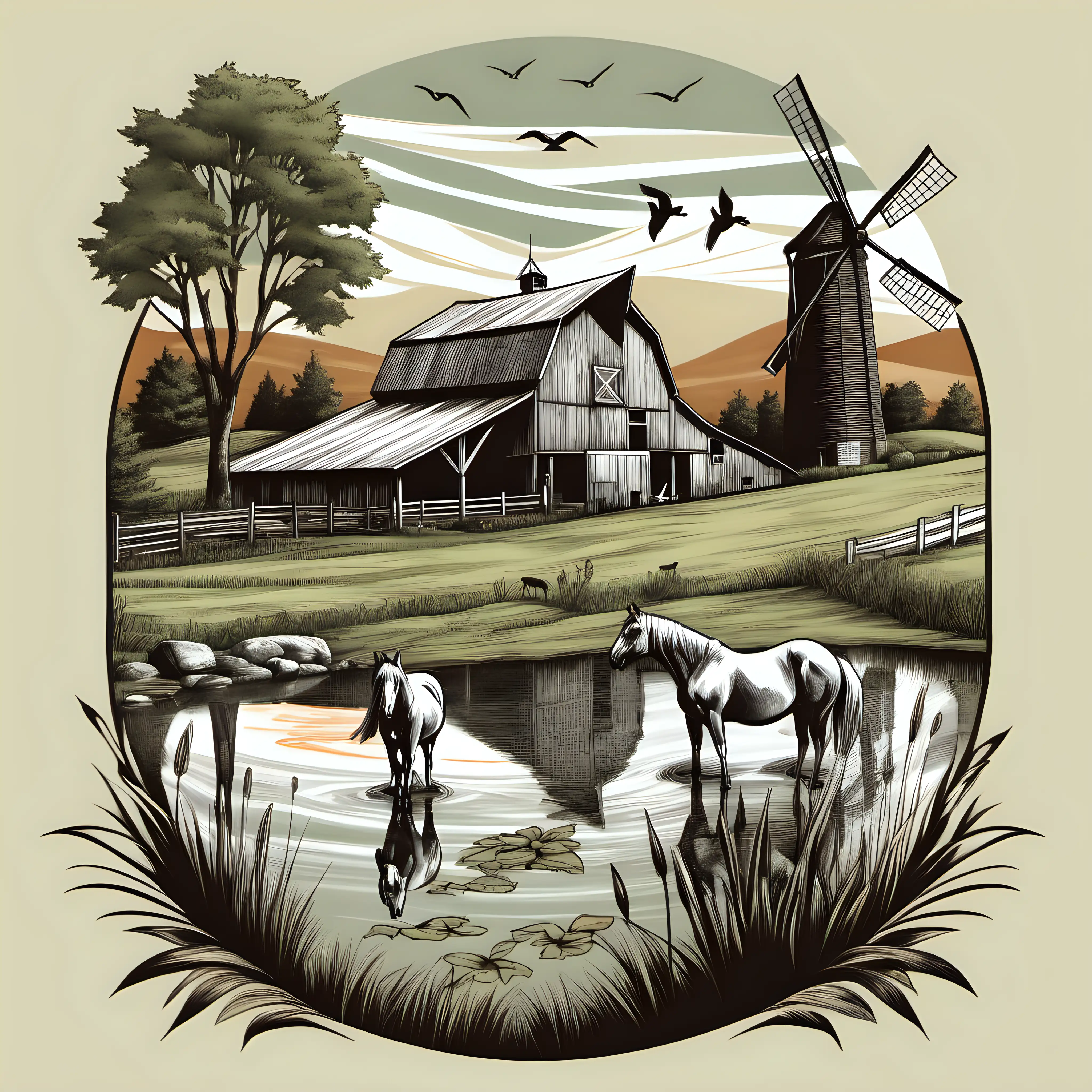 dutch gable old barn illustration in a pasture with horses with a pond behind it with Appalachian wv with windmills on the hilltop.  t-shirt design