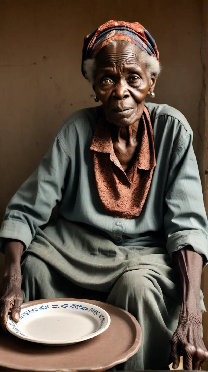 an old african lady wearing old clothes sitting down in a table with an empty plate who is hungry and haven't eaten in a couple of days
