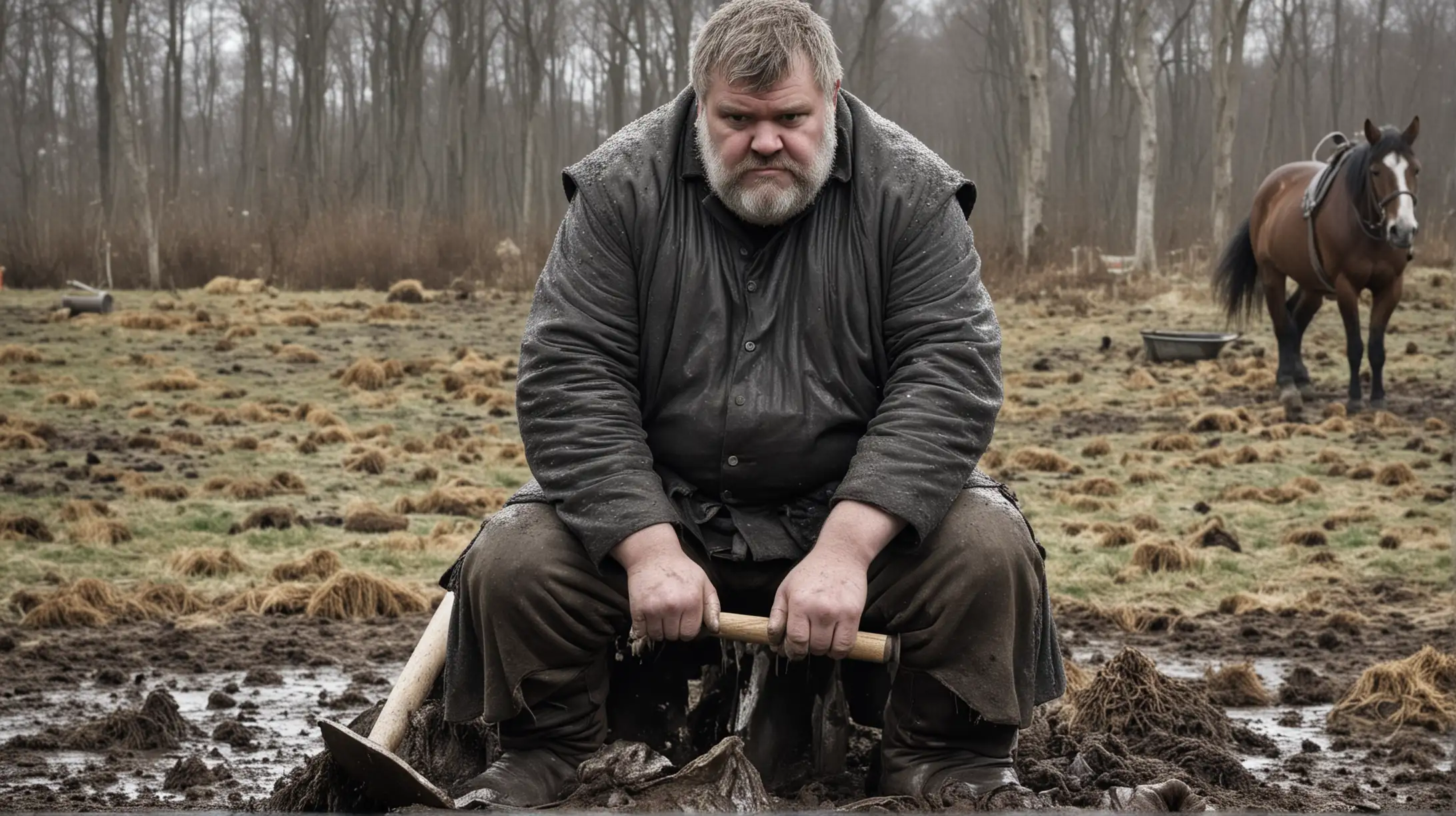 hodor from game of thrones but with dark hair, shoveling horse poop