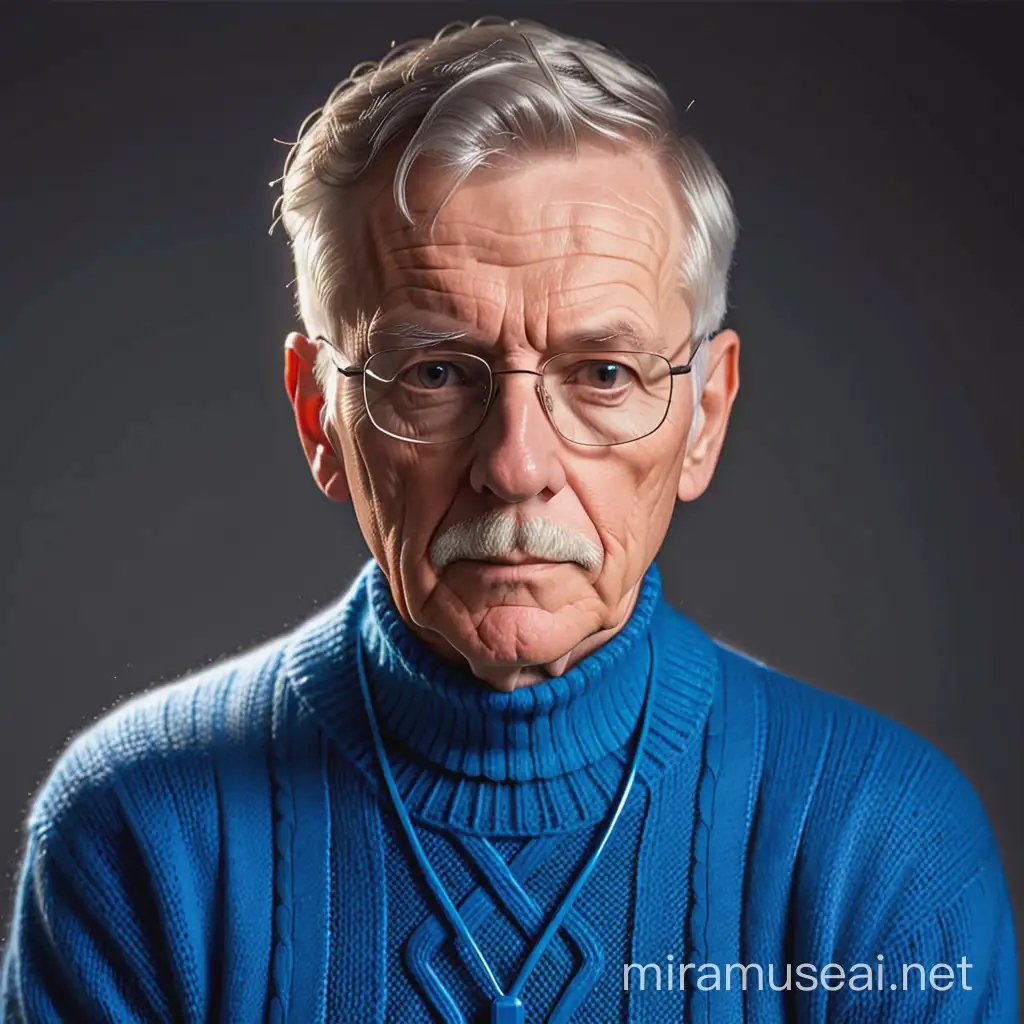 Older retired scientist, he js a trans man and looks fed up, they are wearing a blue cable knit jumper with a subtle dna design
