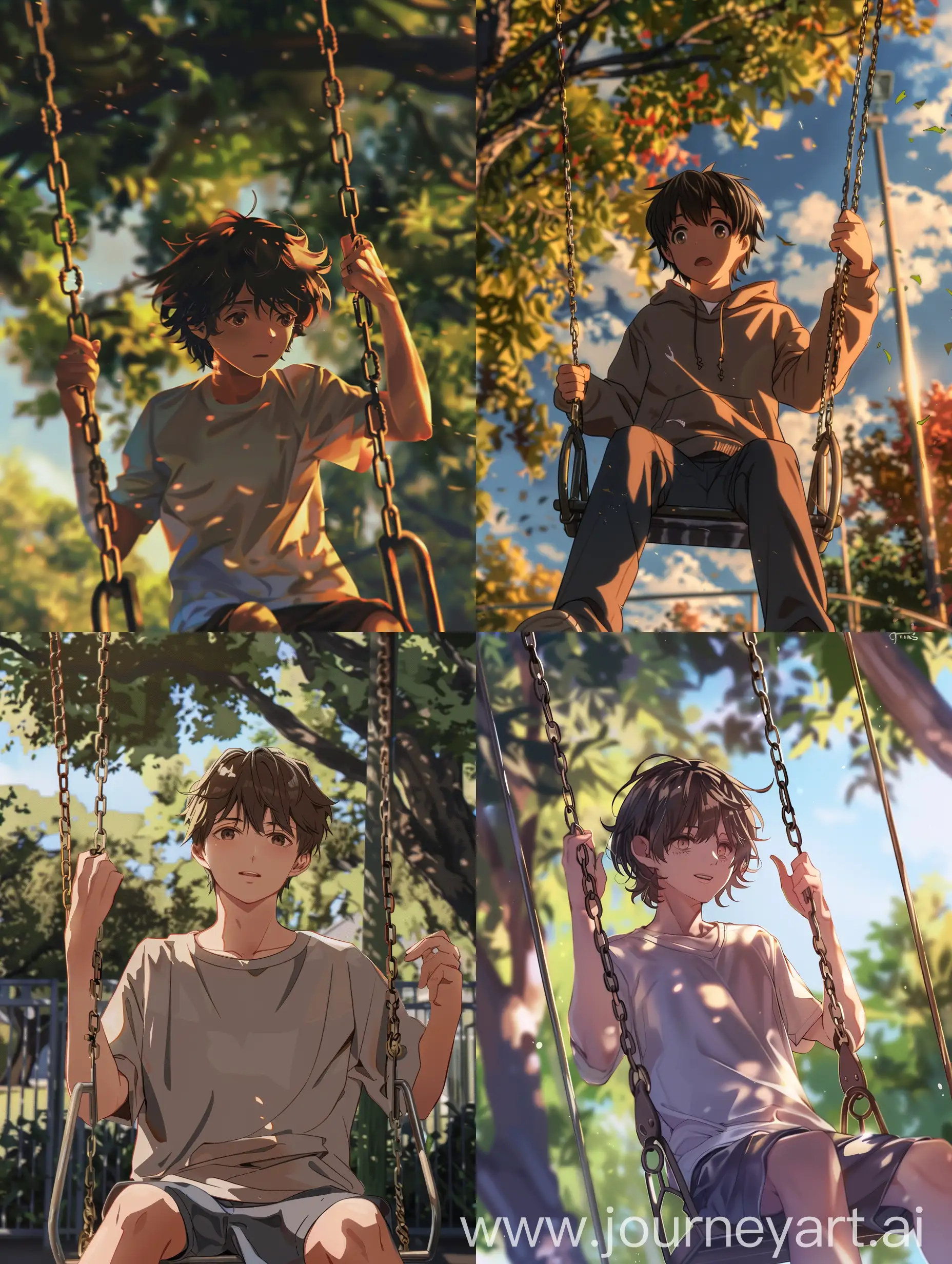 Anime style,a 15 year old boy sitting on swing front view,afternoon time,the boys face should not be bad and distorted,a hand some look,dramatic. (should be perfect for lip sync) park.
