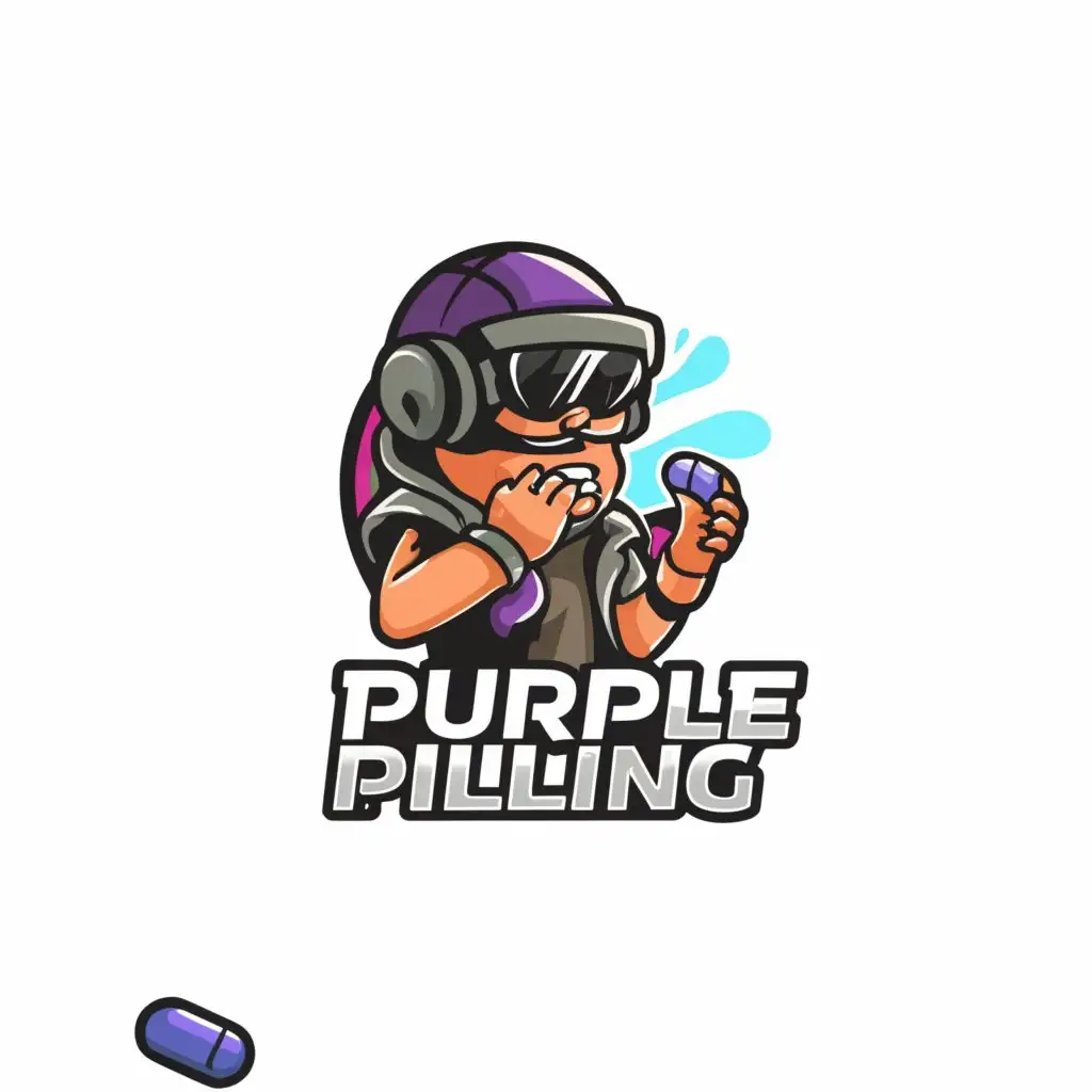 a logo design,with the text "Purple Pilling", main symbol:Cypherpunk swallowing a purple pill,Moderate,be used in Technology industry,clear background