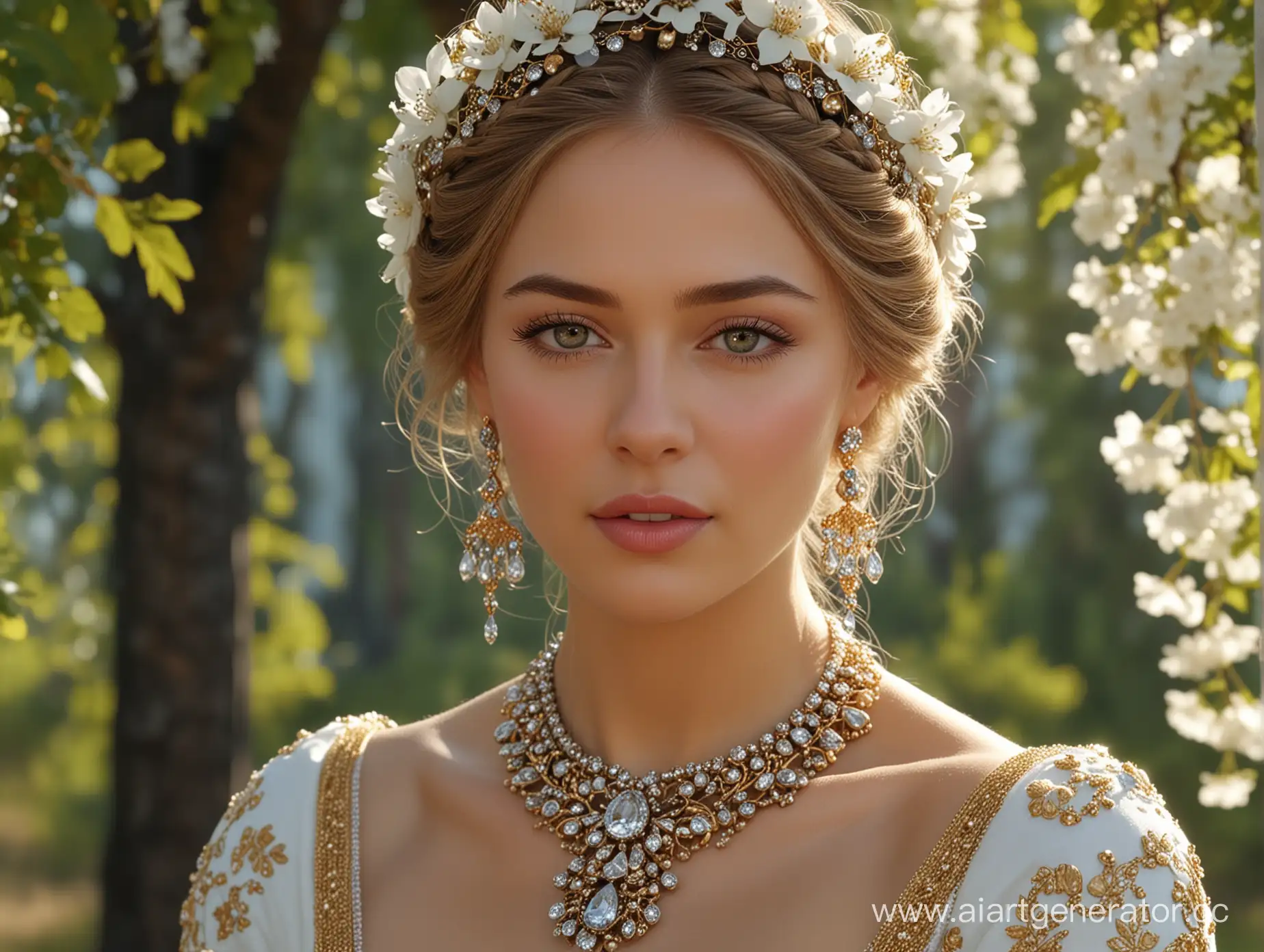 Elegant-Russian-Beauty-Adorned-in-Kokoshnik-and-Diamonds-Amidst-Cherry-Orchard