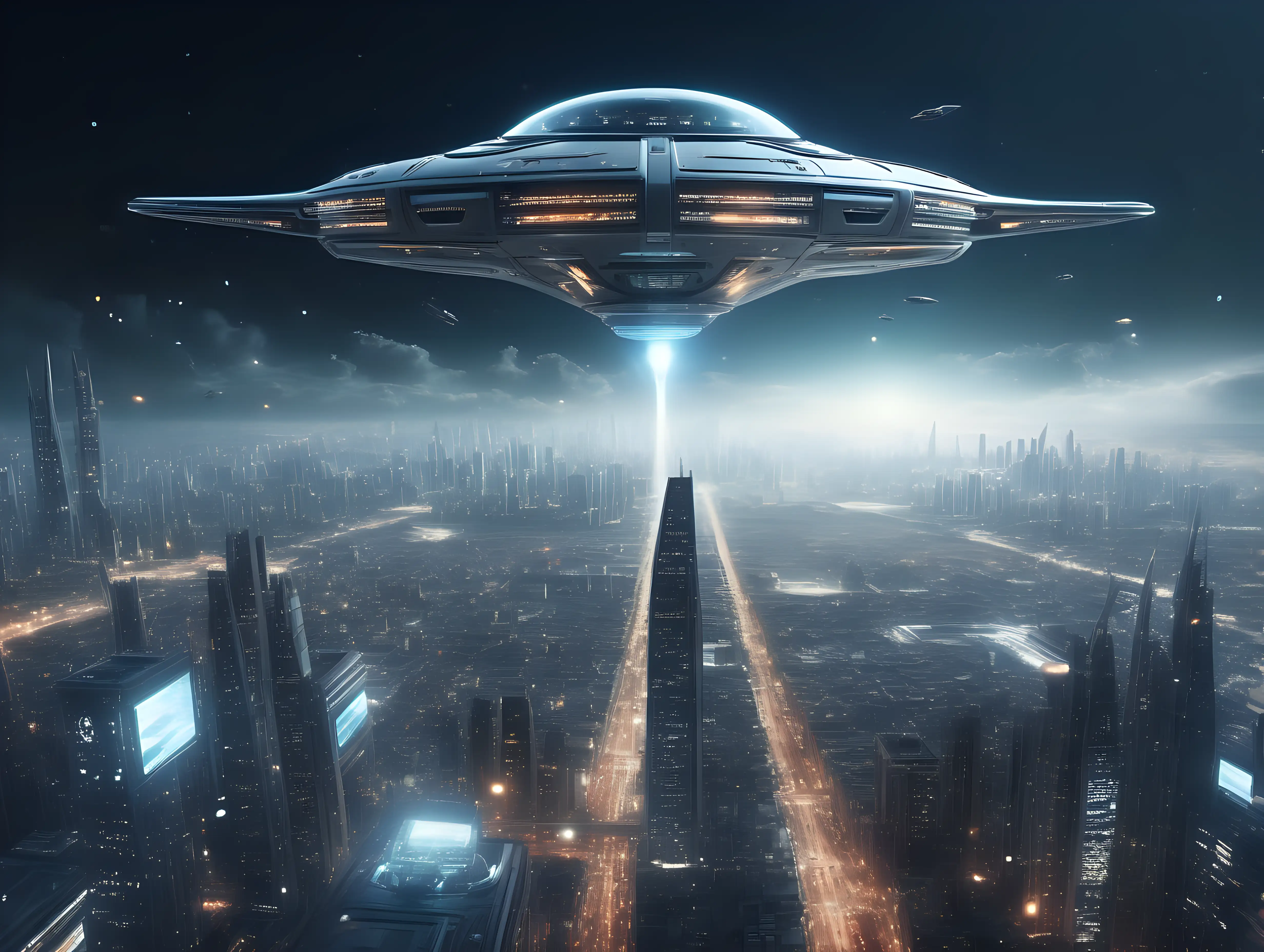 Futuristic Cityscape with Illuminated Spaceship