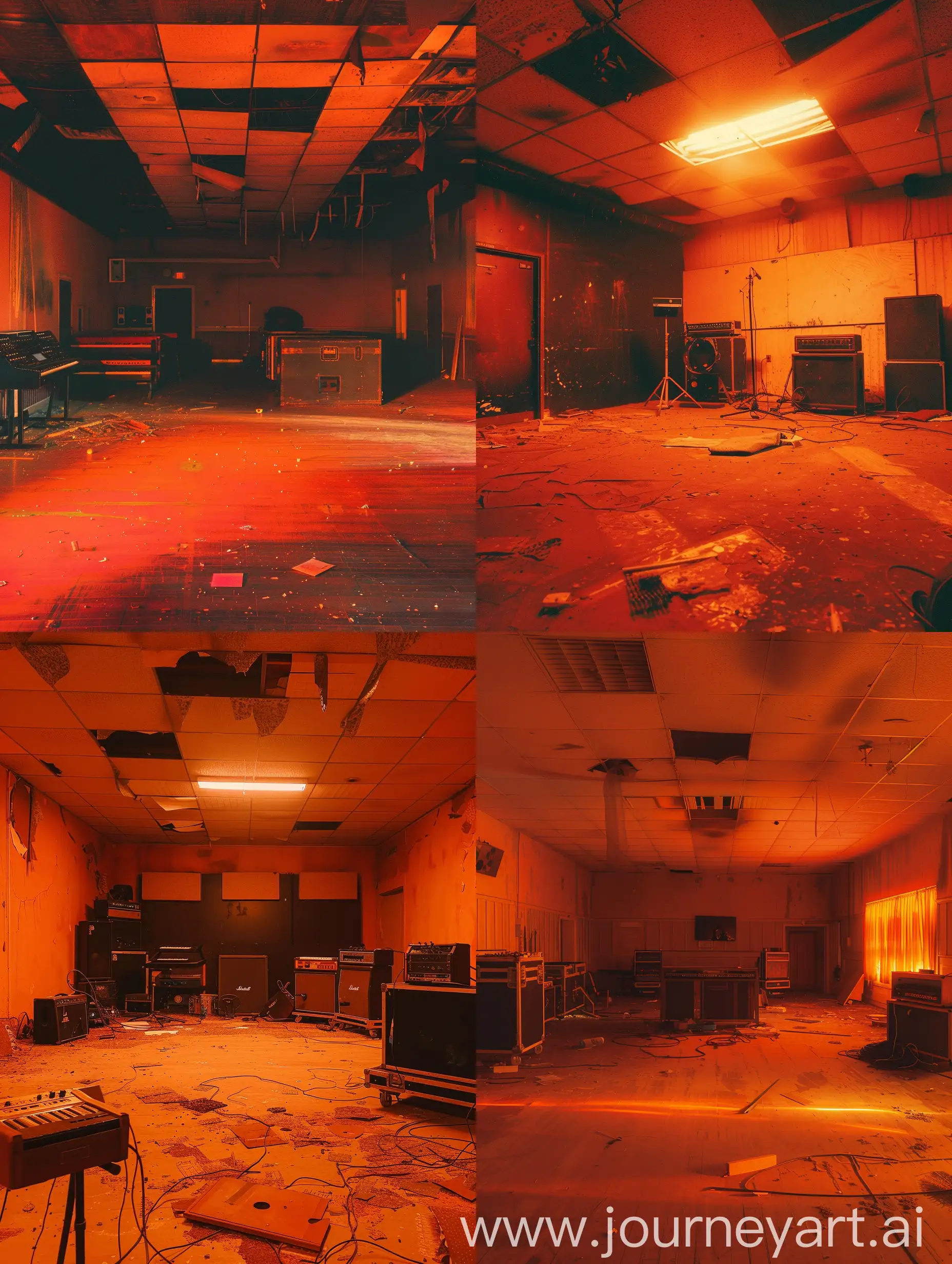 Early 2000s found footage, empty and eerie music studio, muted orange tones