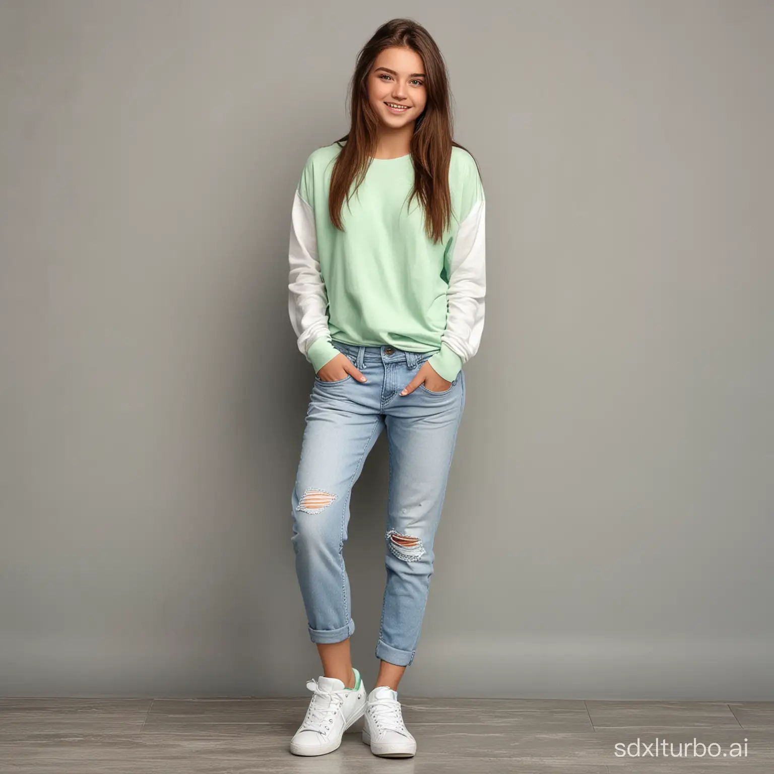 (realistic) beautiful 15 year old teenager with green eyes smiling at the camera, white sneakers, full body