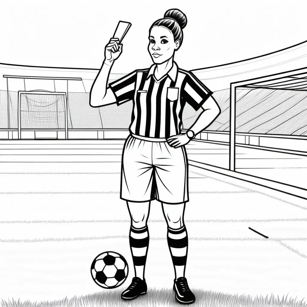 kids colouring page, simple, outline no colour, black lines white background, crisp, african-american, female, referee, full body, on soccer field, hair low bun, holding whistle